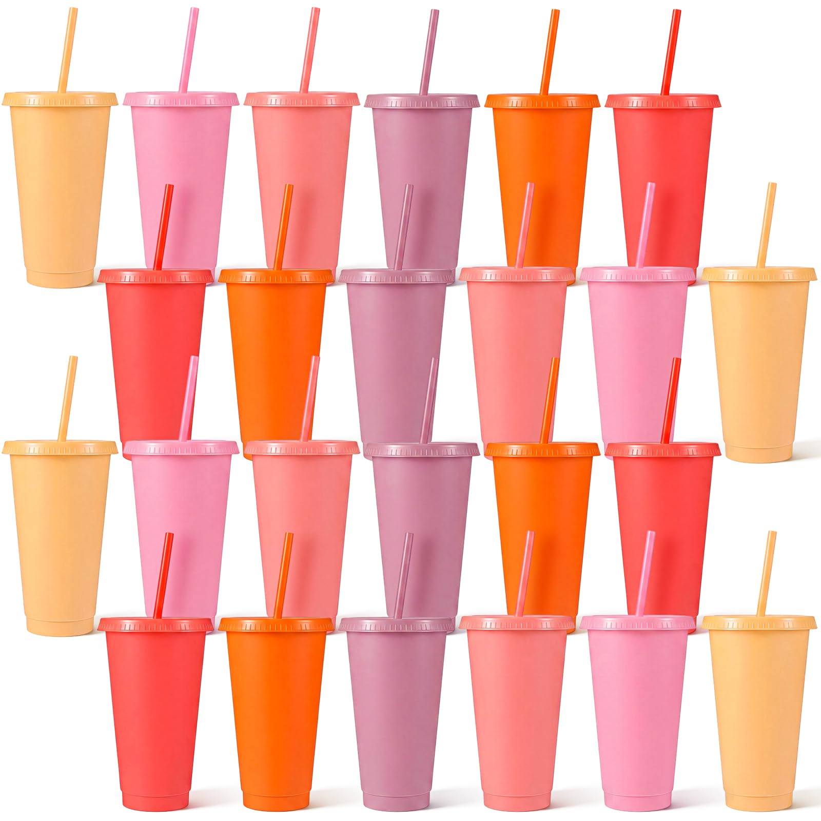 Dandat 24 Pcs Tumblers Bulk 24 oz Plastic Tumblers with Lids and Straws Reusable Skinny Cups Plastic Tumbler Bulk Colored Cups w