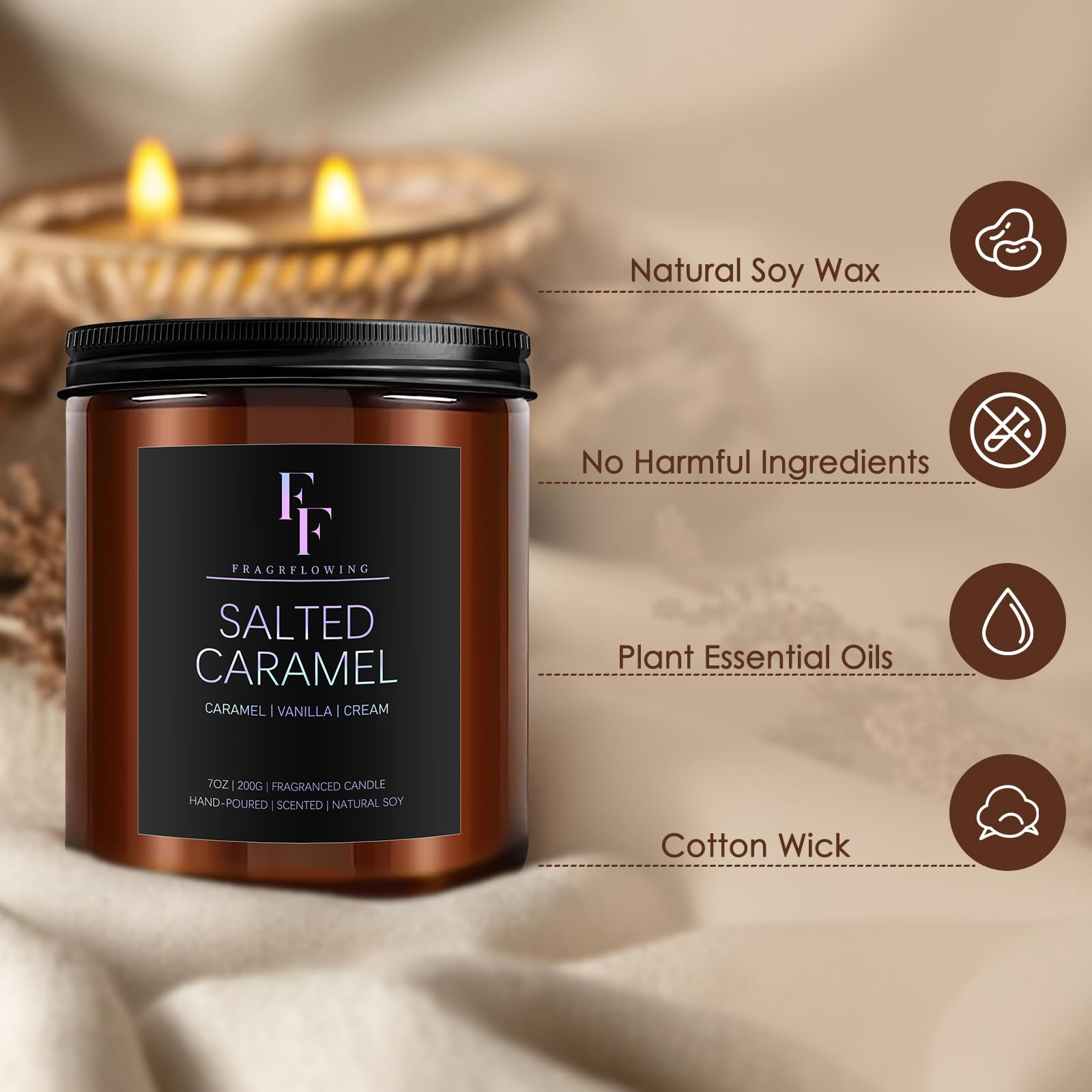 Salted Caramel Scented Candle for Home Soy Wax Candle, Aromatherapy Candle Gift for Women Men, 7oz