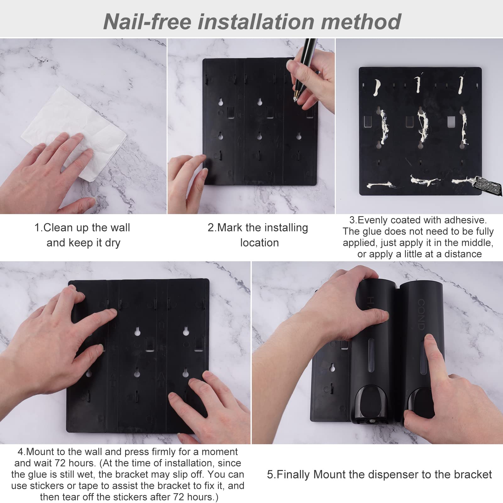 AUMIO Wall Mounted 3 Chamber Shower Soap Dispenser Set, Black Plastic, No Drill Shampoo & Conditioner Dispenser for Bathroom & Hotel