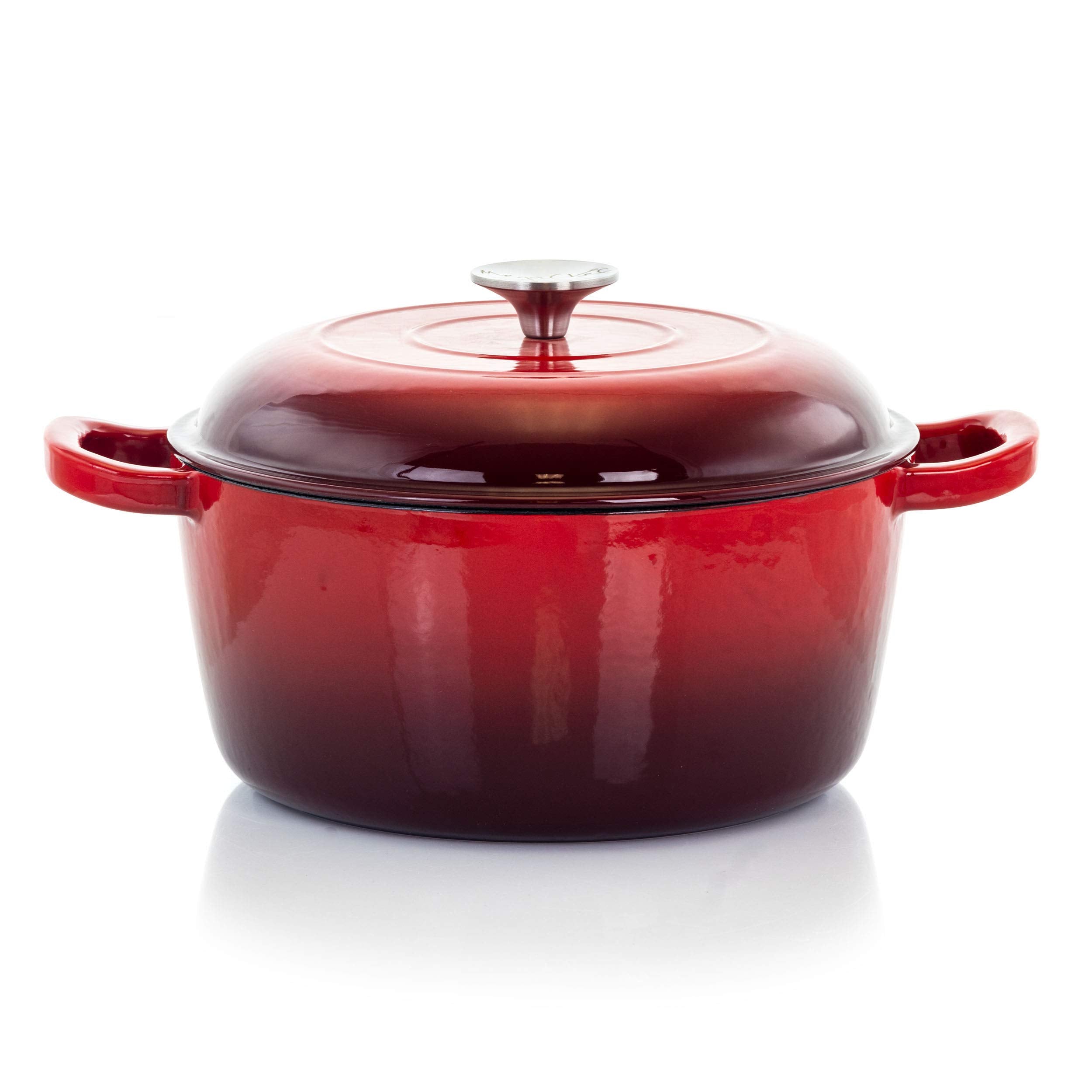 Megachef Round Enamel Cast Iron Casserole With Lid, 5 Quart, Red
