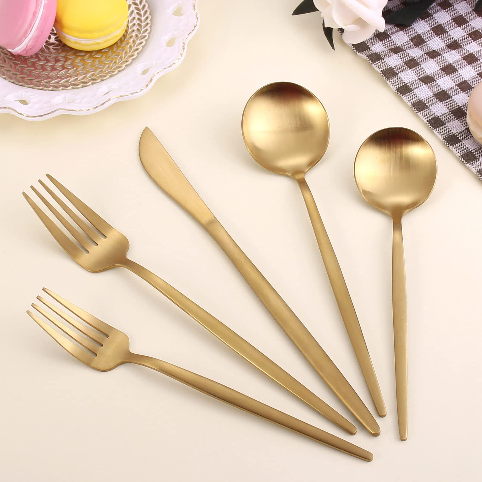 Matte Gold Silverware Set for 8  LAZAHOME Stainless Steel Flatware Cutlery Set  40-Piece Kitchen Utensil Set Include Spoons And Forks Set  Satin Polished Finished  Dishwasher Safe.