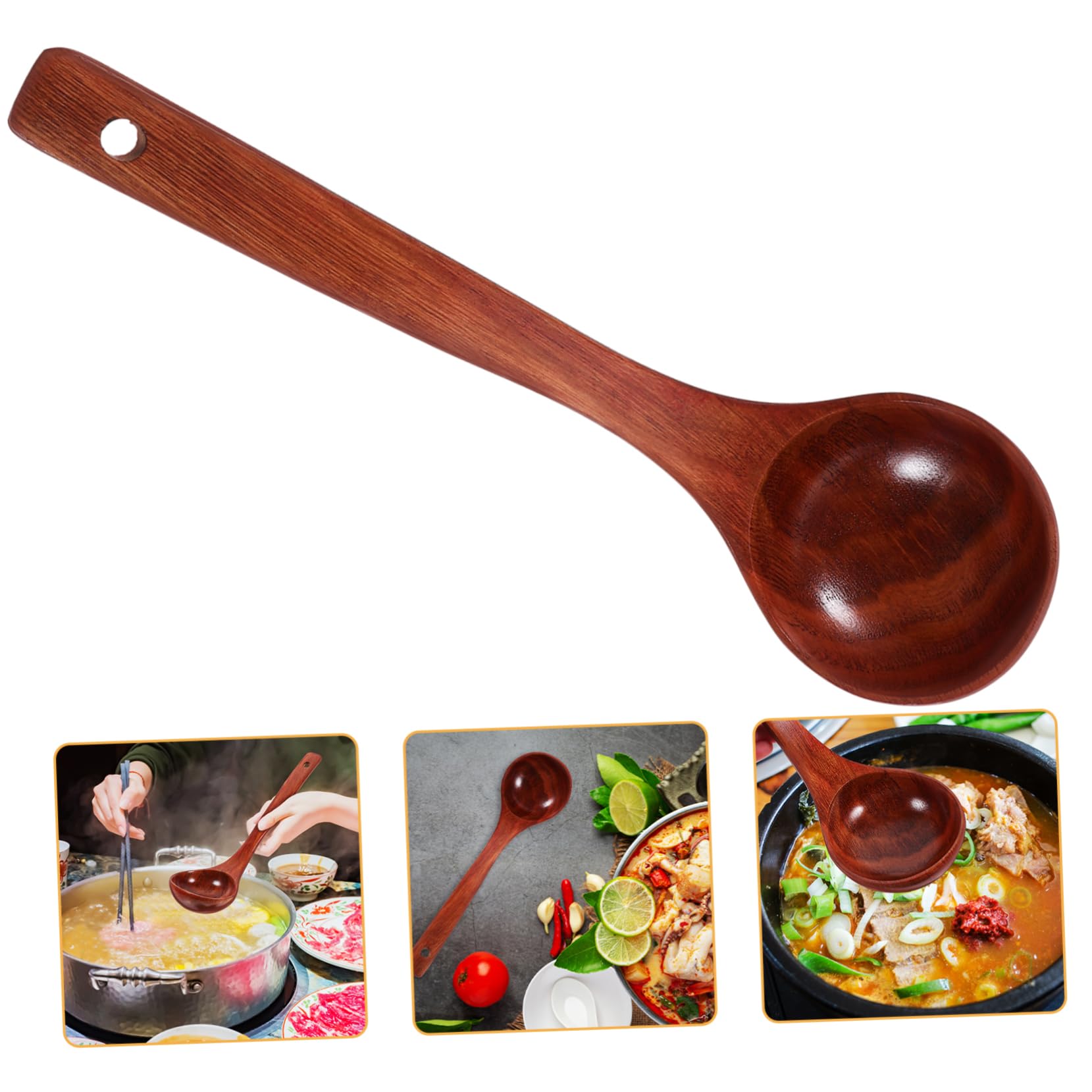 OSOLADY Long Handle Wooden Soup Ladle Large Cooking Spoon with Natural Aesthetic for Stirring and Serving Soups at Home Restaura