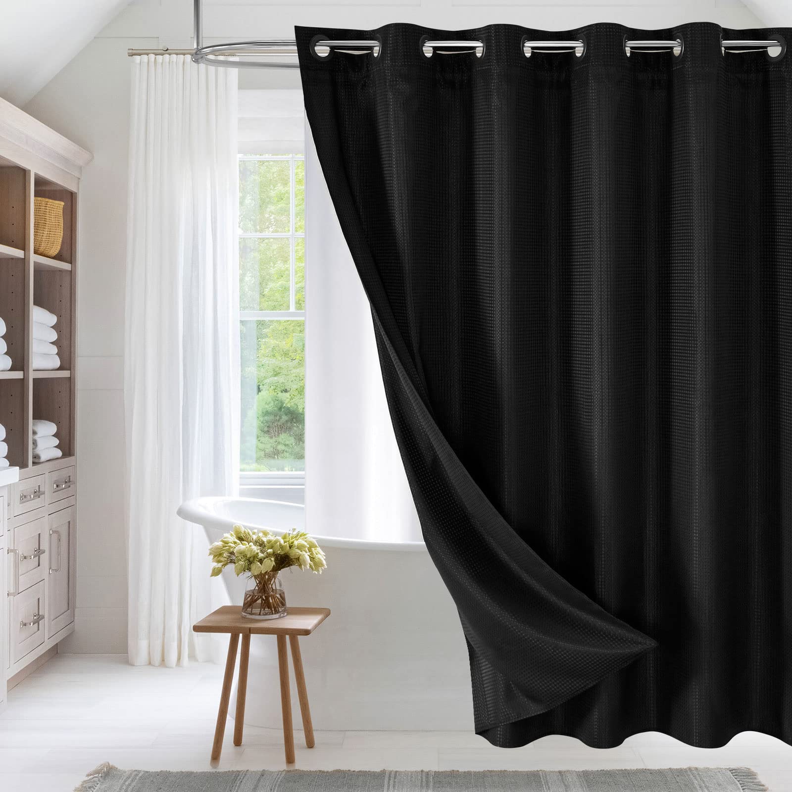 Mitovilla No Hooks Needed Black Waffle Shower Curtain Set With Snap-In Liner, Modern Waffle Weave Heavy Duty Fabric Cloth Shower