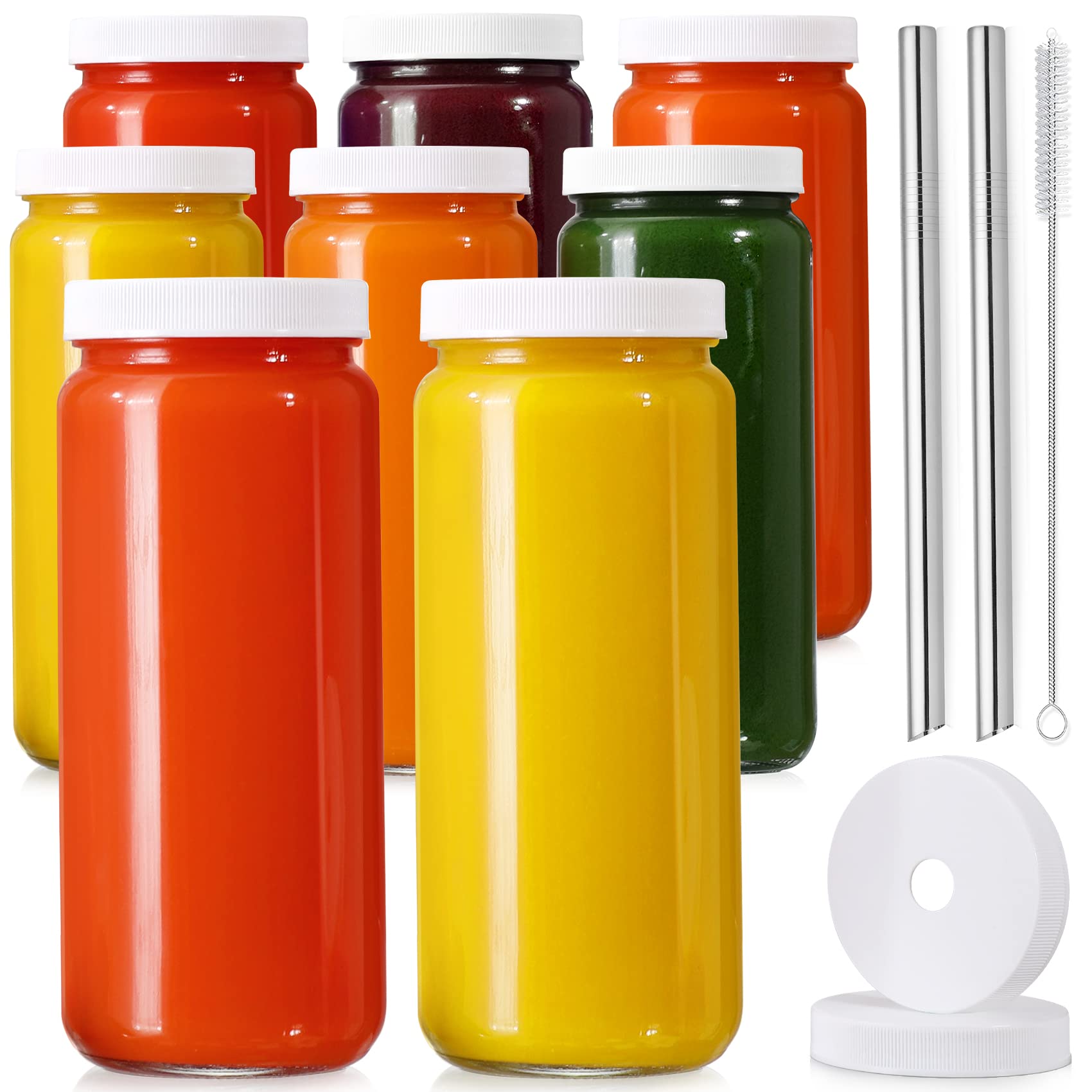 [ 8 Pack ] Glass Juicing Bottles With 2 Straws & 2 Lids W Hole- 16 Oz Travel Drinking Jars, Water Cups With White Airtight Lids,