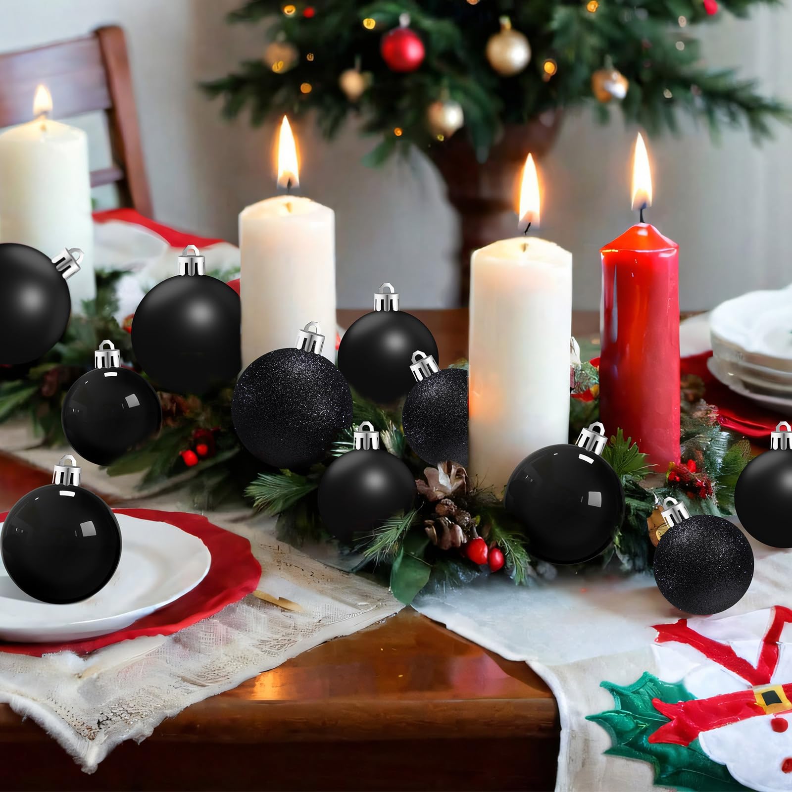 Marsui 24 Pcs Giant Christmas Balls Ornaments Extra Large Outdoor Black Christmas Ornament 8'' 6'' 3'' 2'' Large Xmas Balls Bulk