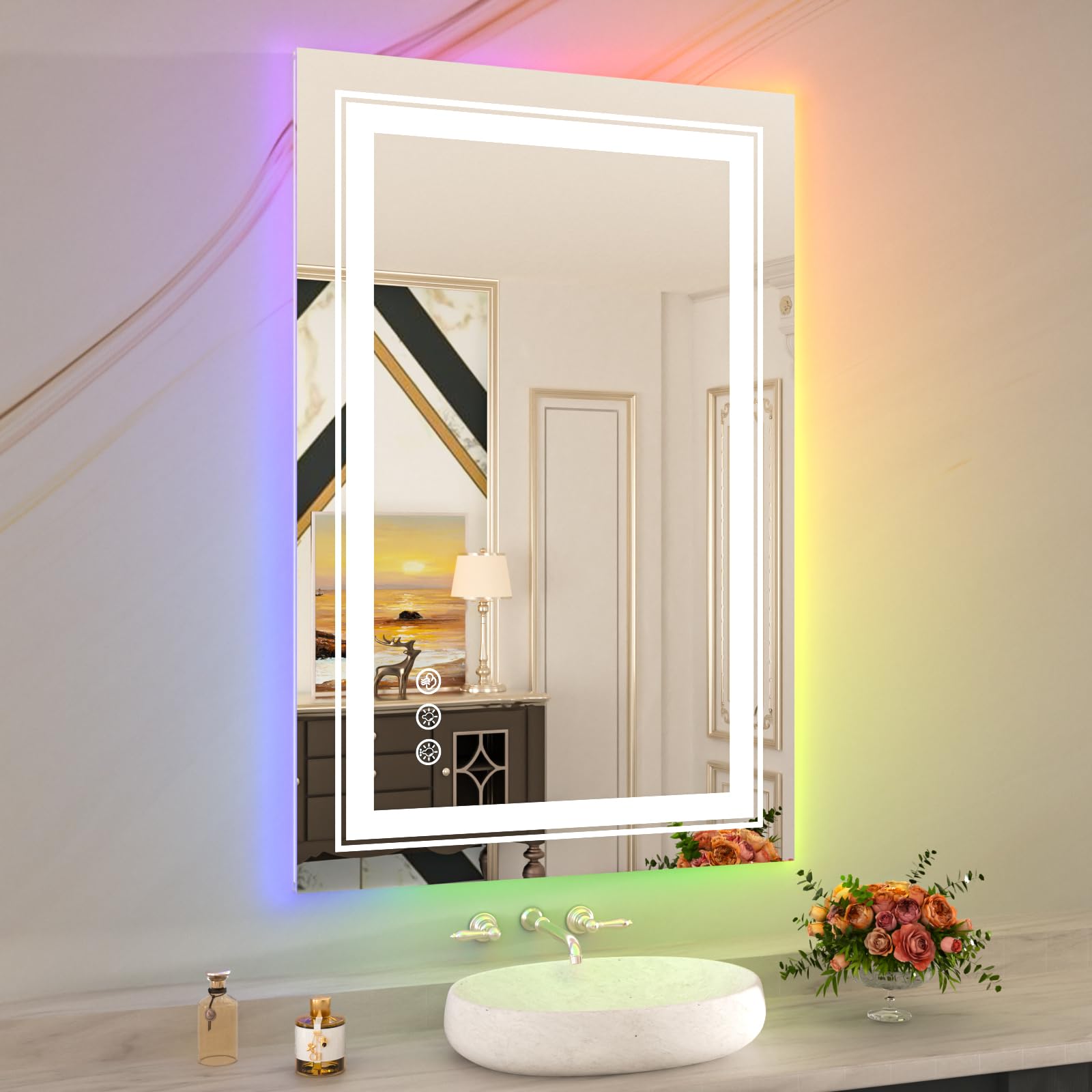 Wtty Rgb Led Bathroom Mirror 24''X36'' With Backlit And 3 Front Light,Stepless Dimmable Led Mirror For Bathroom,Lighted Bathroom