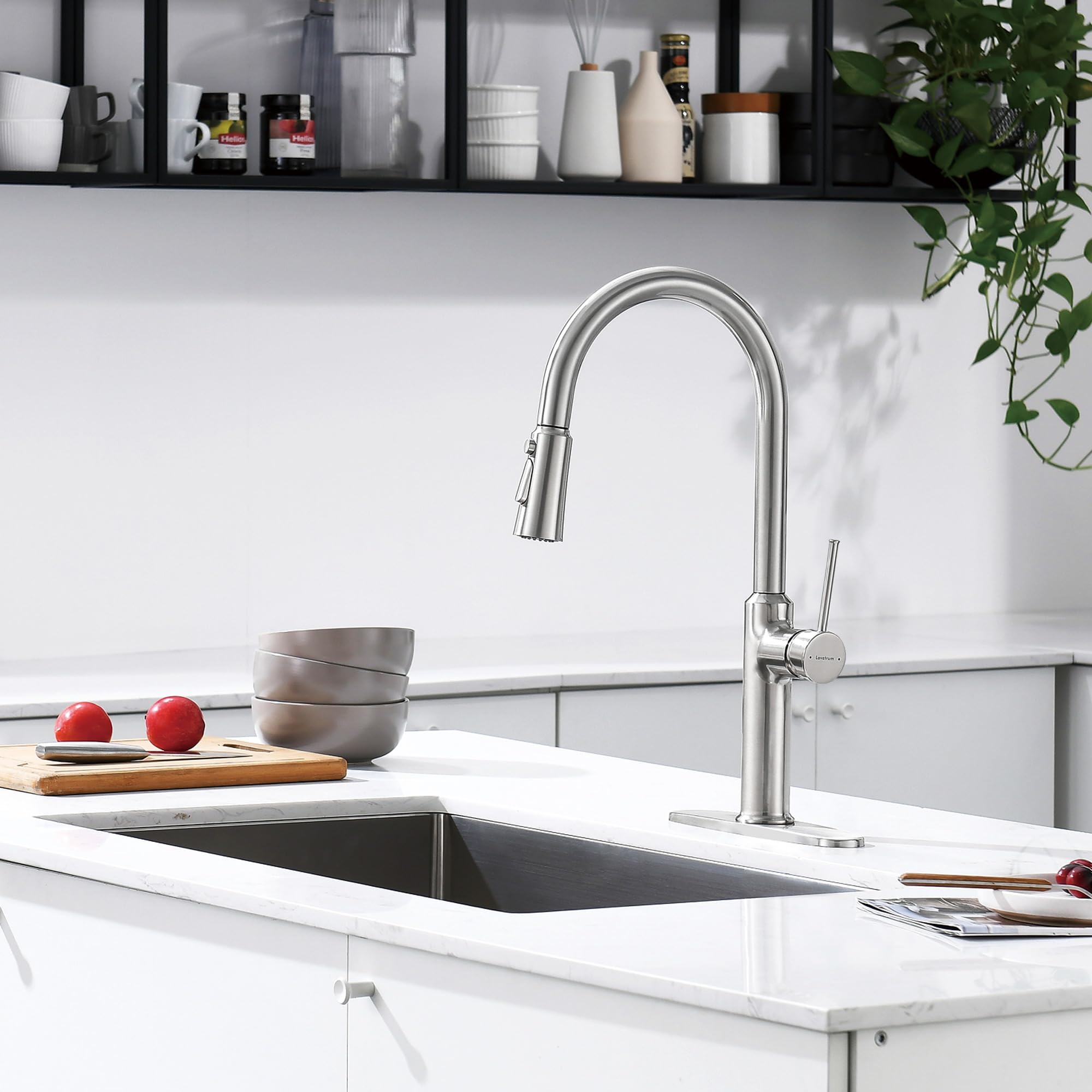 Lavatrum Kitchen Sink Faucets Brushed Nickel, High Arc Single Handle Kitchen Faucet With Pull Down Sprayer, Solid Brass Kitchen