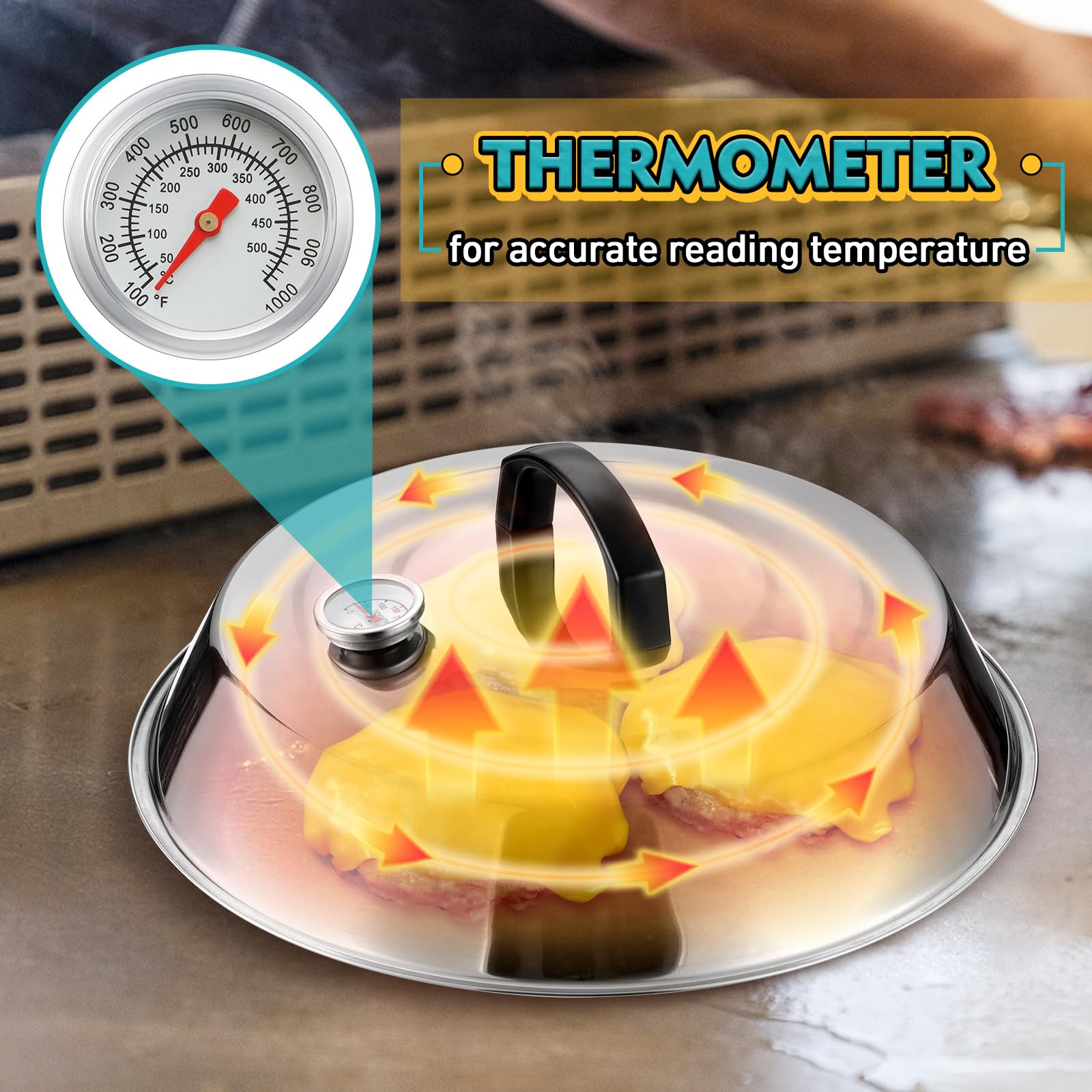 12Inch Cheese Melting Dome, Hasteel Stainless Steel Round Basting Steaming Cover, Large Solid Griddle Dome & Grill Lid With Ther