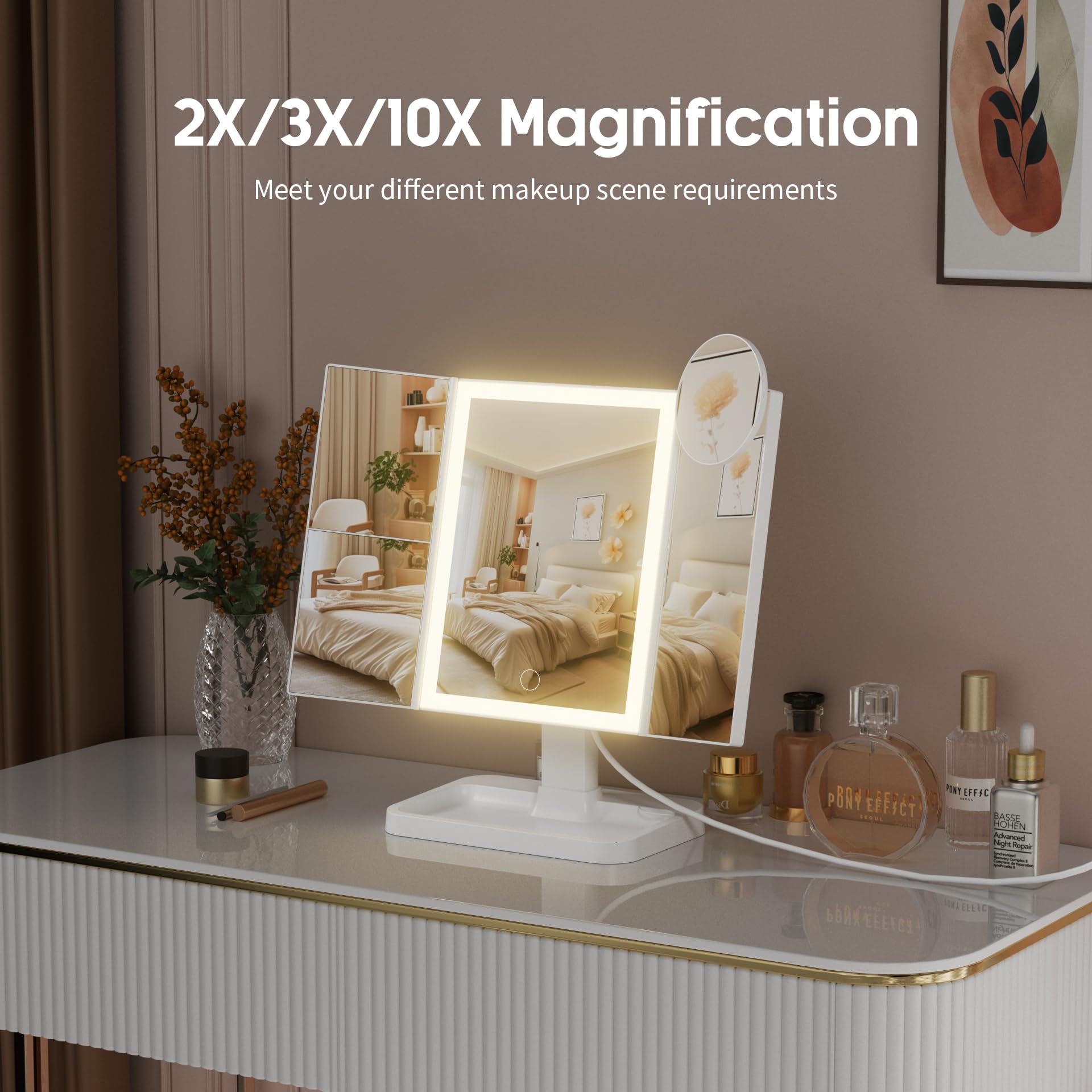 Frano Makeup Vanity Mirror With Lights, Rechargeable Lighted Makeup Mirror With 2X 3X 10X Magnification, Led Mirror Makeup With