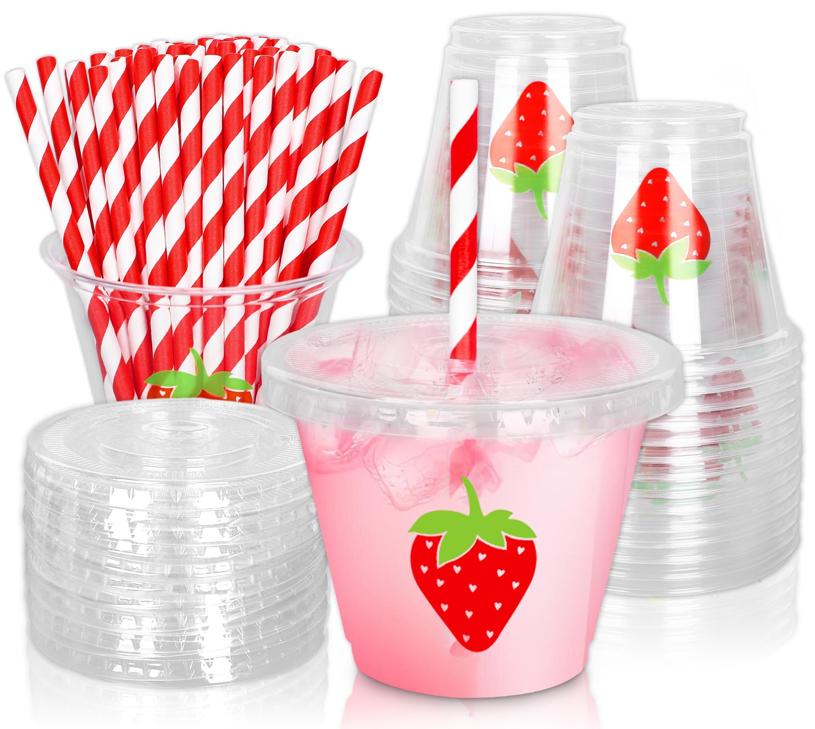 Whaline 100Pcs Strawberry Disposable Plastic Cups with Lids and Straws 9oz Party Cups Red Strawberry Cold Beverage Drinking Cups