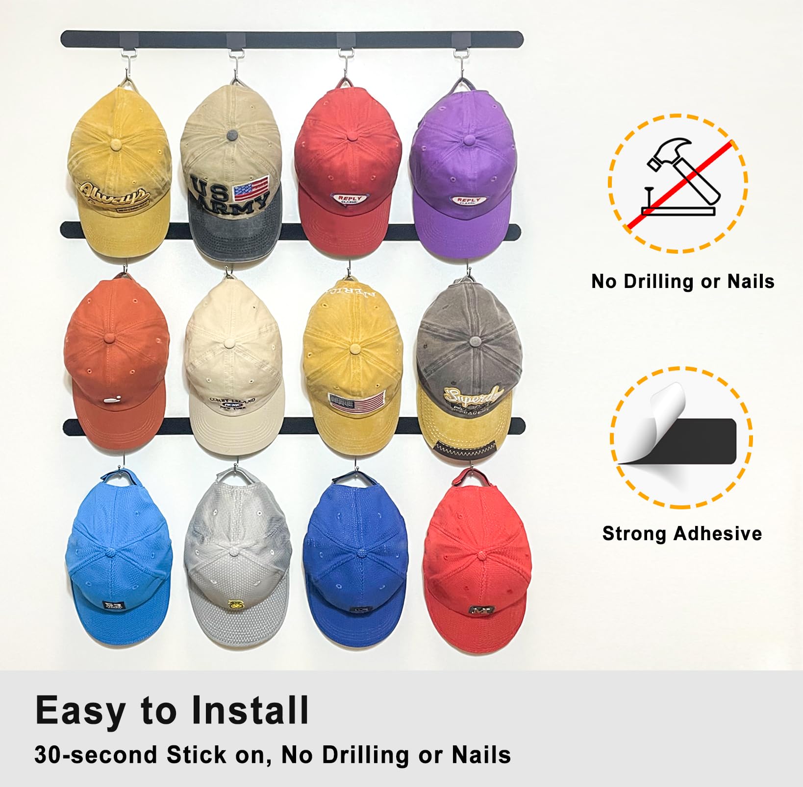 Etowifa Adhesive Hat Organizer Rack For Baseball Caps [Up To 36 Caps] Hat Hangers Holder Display For Wall, Over Door Closet, Roo