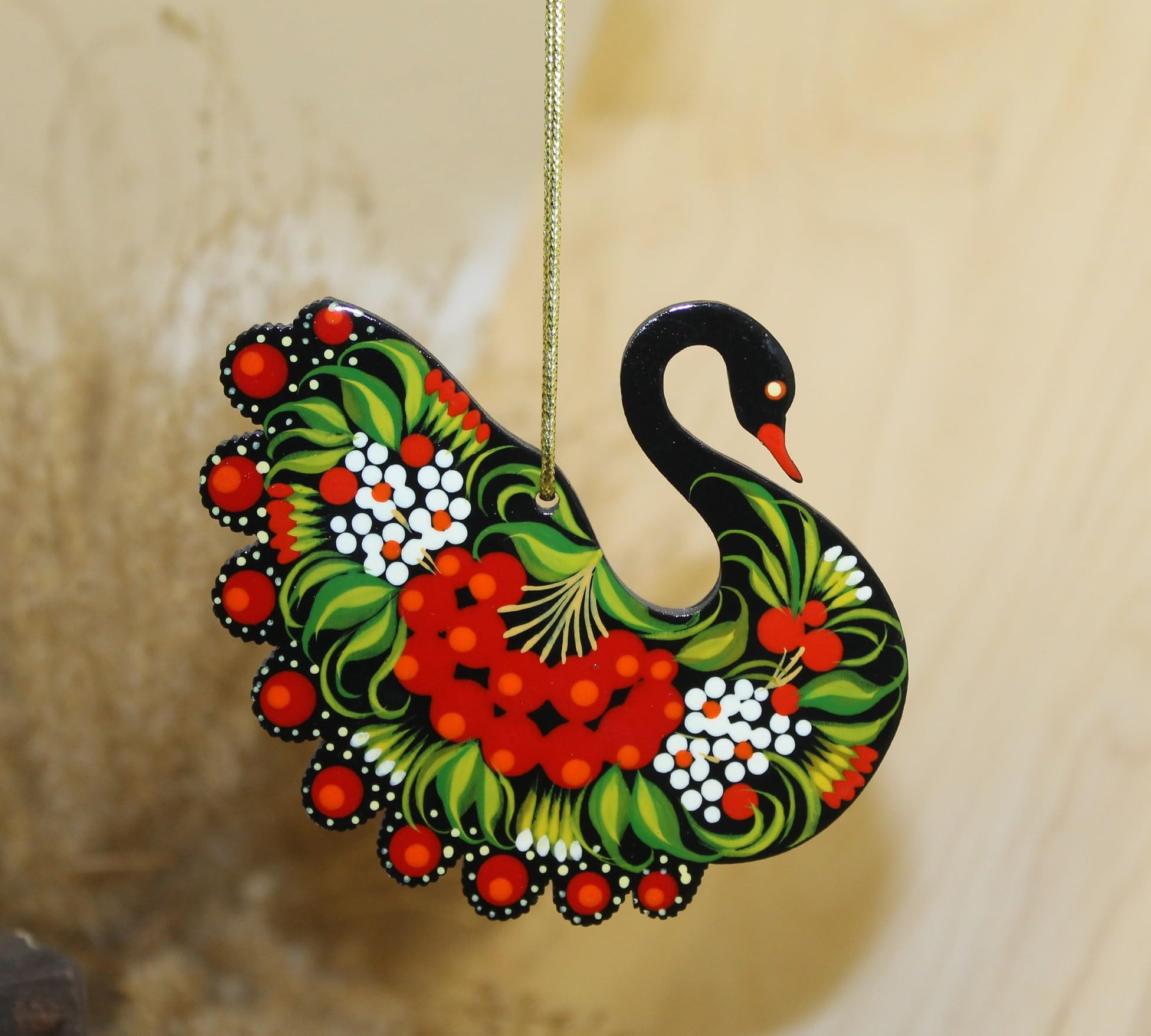 Black Swan Christmas Ornament Wooden Hand Painted on Both Sides 3.5 x 3.5 x 0.2 in. Ukrainian Traditional Painting Petrykivka wi