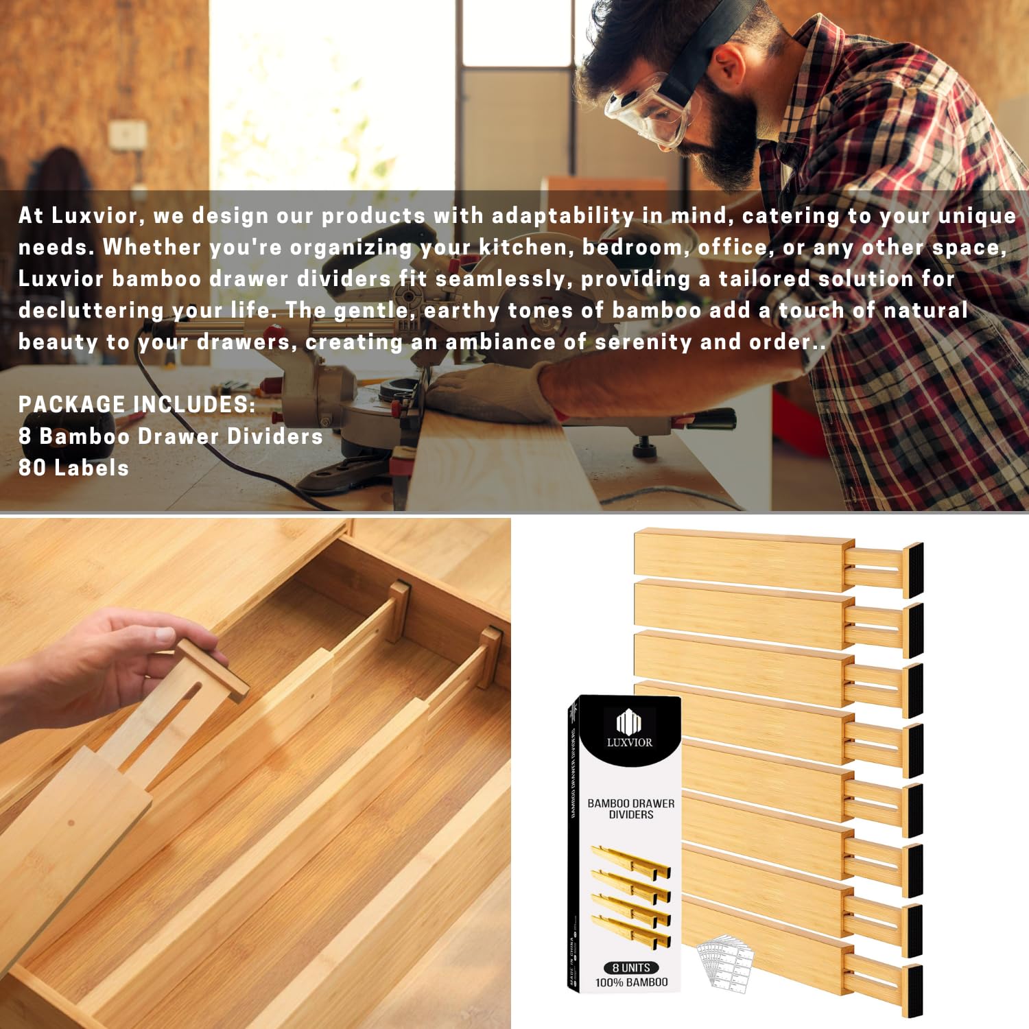 LUXVIOR Expandable Bamboo Drawer Dividers 8 pack with labels(17.5''-22'') Drawer Organizer for Kitchen, Clothes,Utensils,Silverw