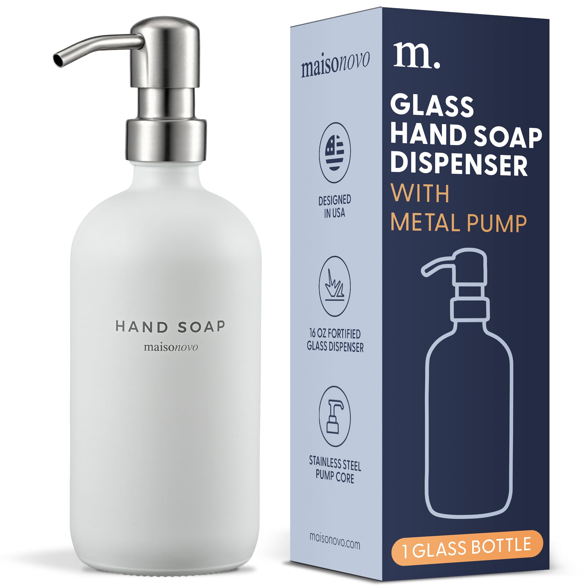 MaisoNovo Hand Wash Dispenser for Bathroom | 16.9 fl oz White Glass Silver Pump x 1