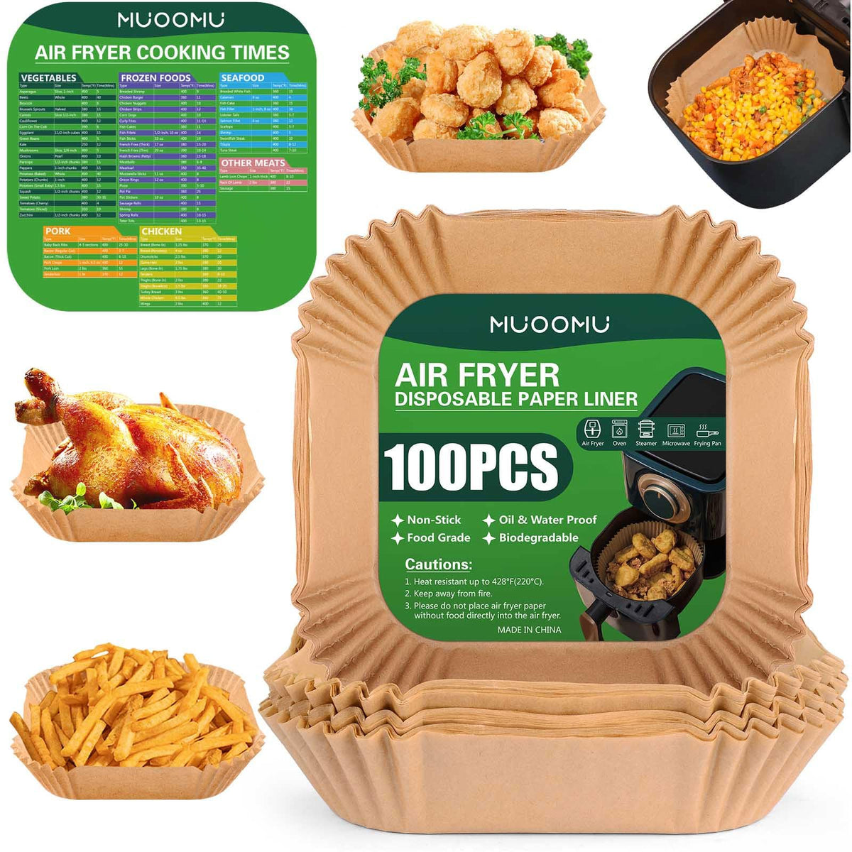 Air Fryer Disposable Square Parchment Liners, Non-Stick, Water Proof - 100 Pack Of 6.3 Inch Liners For Frying Pans And Microwave