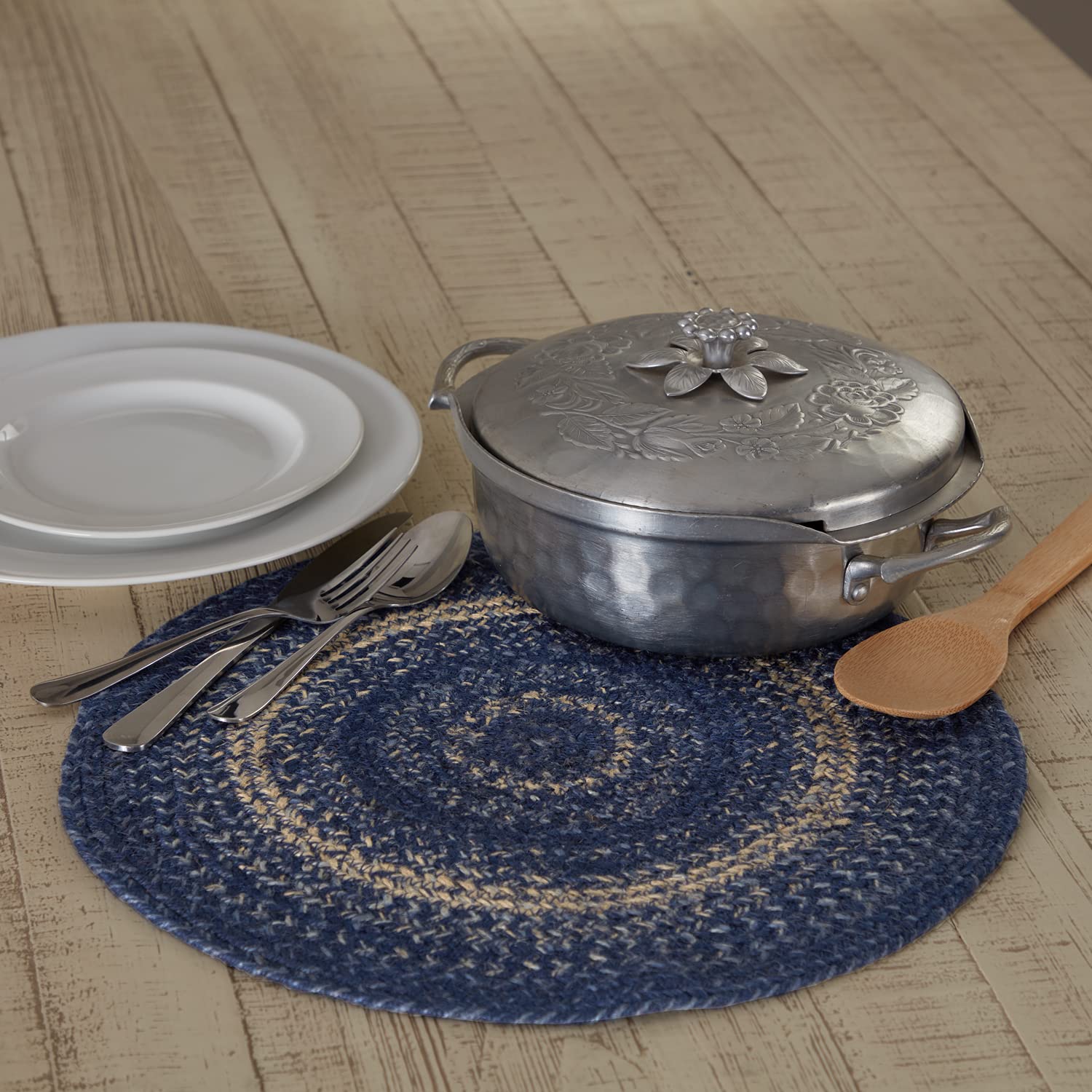 VHC Brands Great Falls Blue Trivet Hot Pad for Pots Pans, Blue White, Jute Blend, Round Circle, 15 Inches