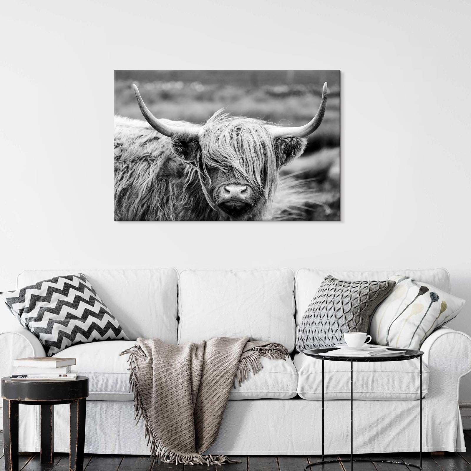 Seven Wall Arts Highland Cow Photography Wildlife Portrait Picture Black And White Closeup Animal Print Scottish Highland Cattle
