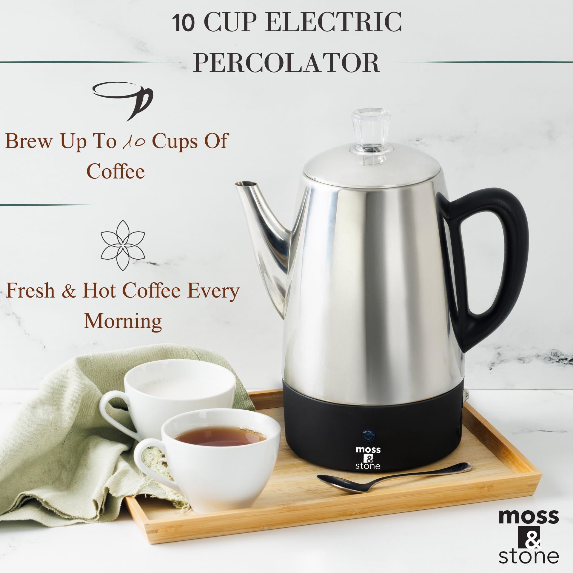 Moss & Stone Electric Coffee Percolator, 10 Cup Stainless Steel, Model EPLTR-8MS, Silver, Keep Warm Function