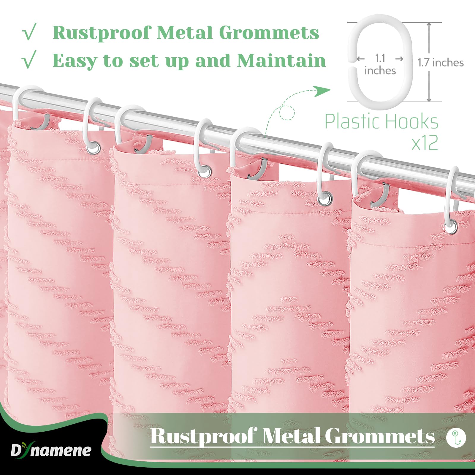 Dynamene Boho Farmhouse Shower Curtain, Pink Fabric Tufted Chevron Striped Textured Tassel Shower Curtains For Bathroom, Water R