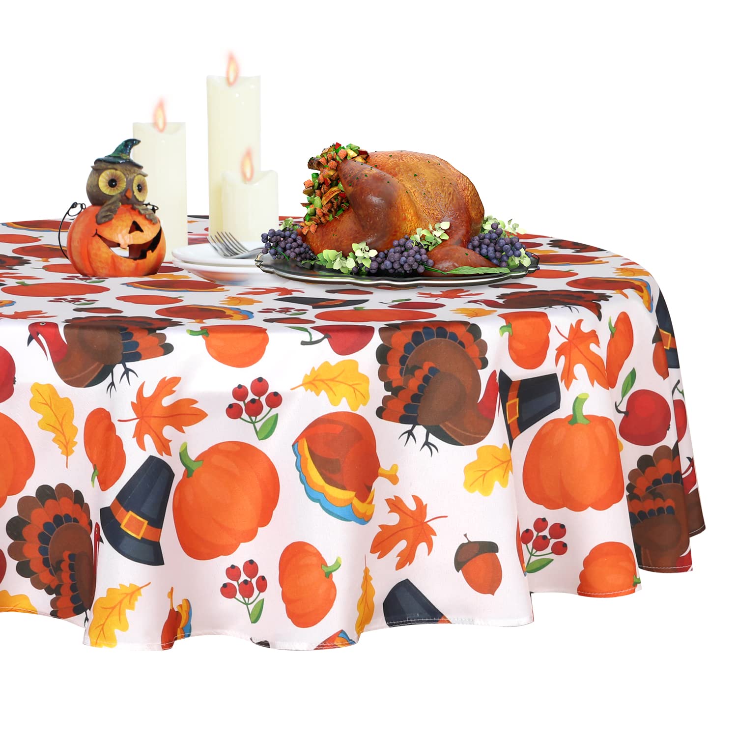LUSHVIDA Fall Tablecloth Round Tablecloth Pumpkin & Turkey 60 inch - Washable Wrinkle Resistant Thanksgiving Table Cover for Har