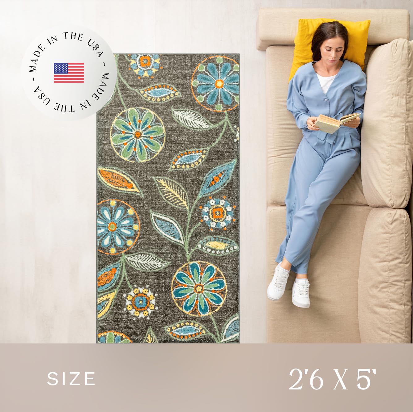Maples Rugs Reggie Floral Runner Rug - Made in USA - Washable, Non Slip Indoor Carpet for Kitchen, Hallway, and Laundry Room, 2