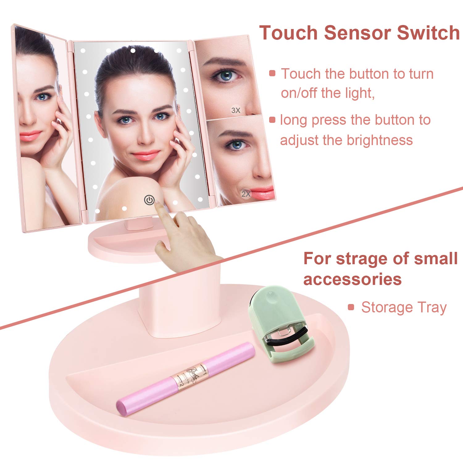 deweisn Tri-Fold Lighted Vanity Mirror with 21 LED Lights, 3X/2X/1X Magnification, Plastic, Pink, 10.83" H x 6