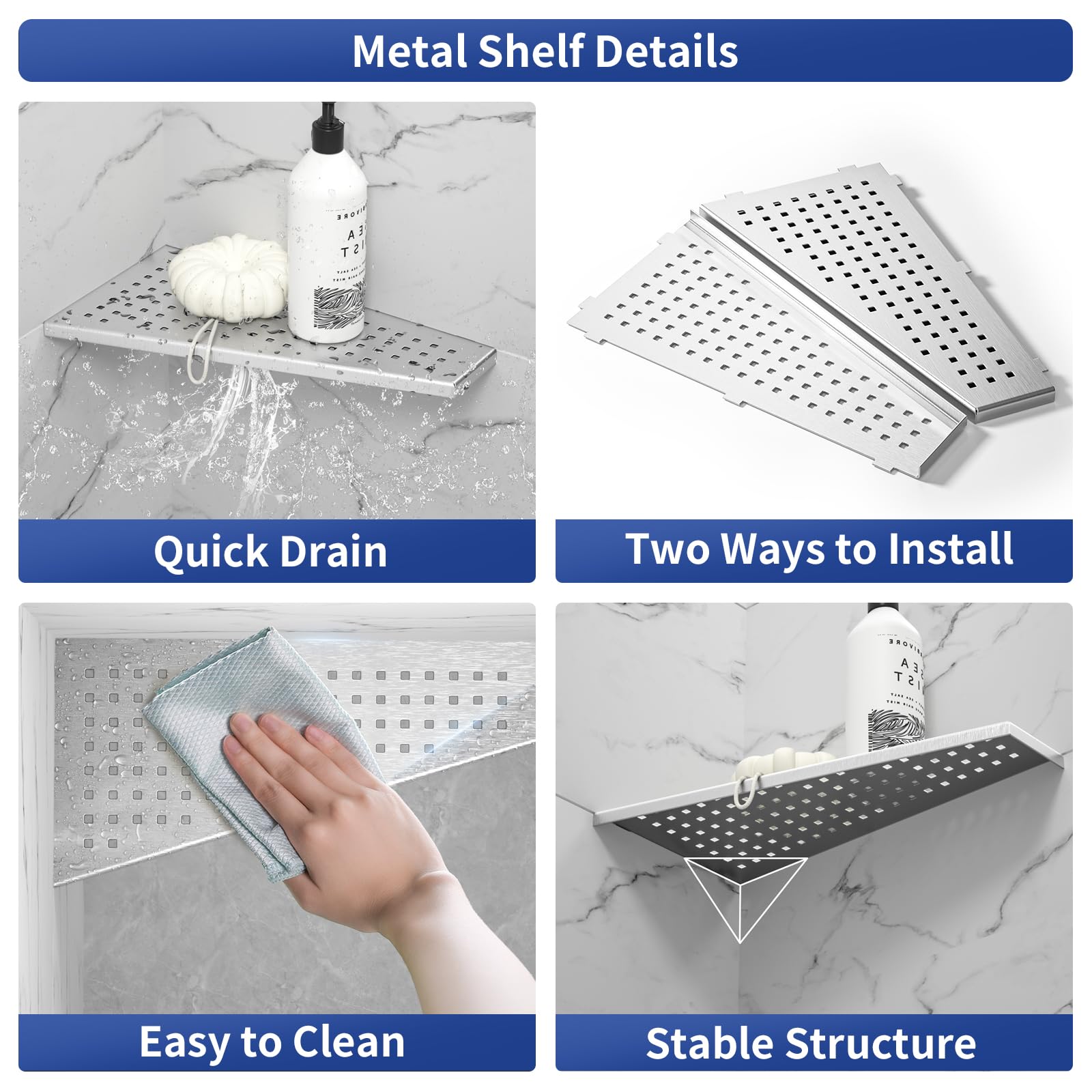 Bernkot Corner Shower Shelf, 12'' Trapezoid Floating Shelf, 304 Stainless Steel Grid Design Recessed Bathroom Shelf For Tiled Wa