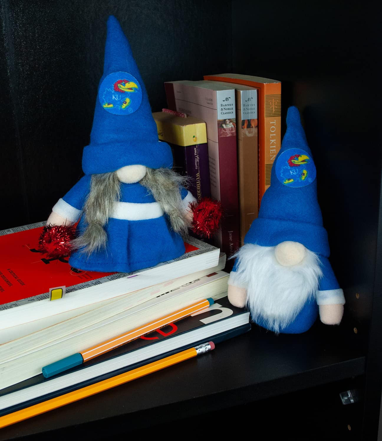 University of Kansas Jayhawks Set of 2 Plush Gnome Christmas Tree Ornaments by Hannas Handiworks - Fan/Cheerleader Holiday/Dorm