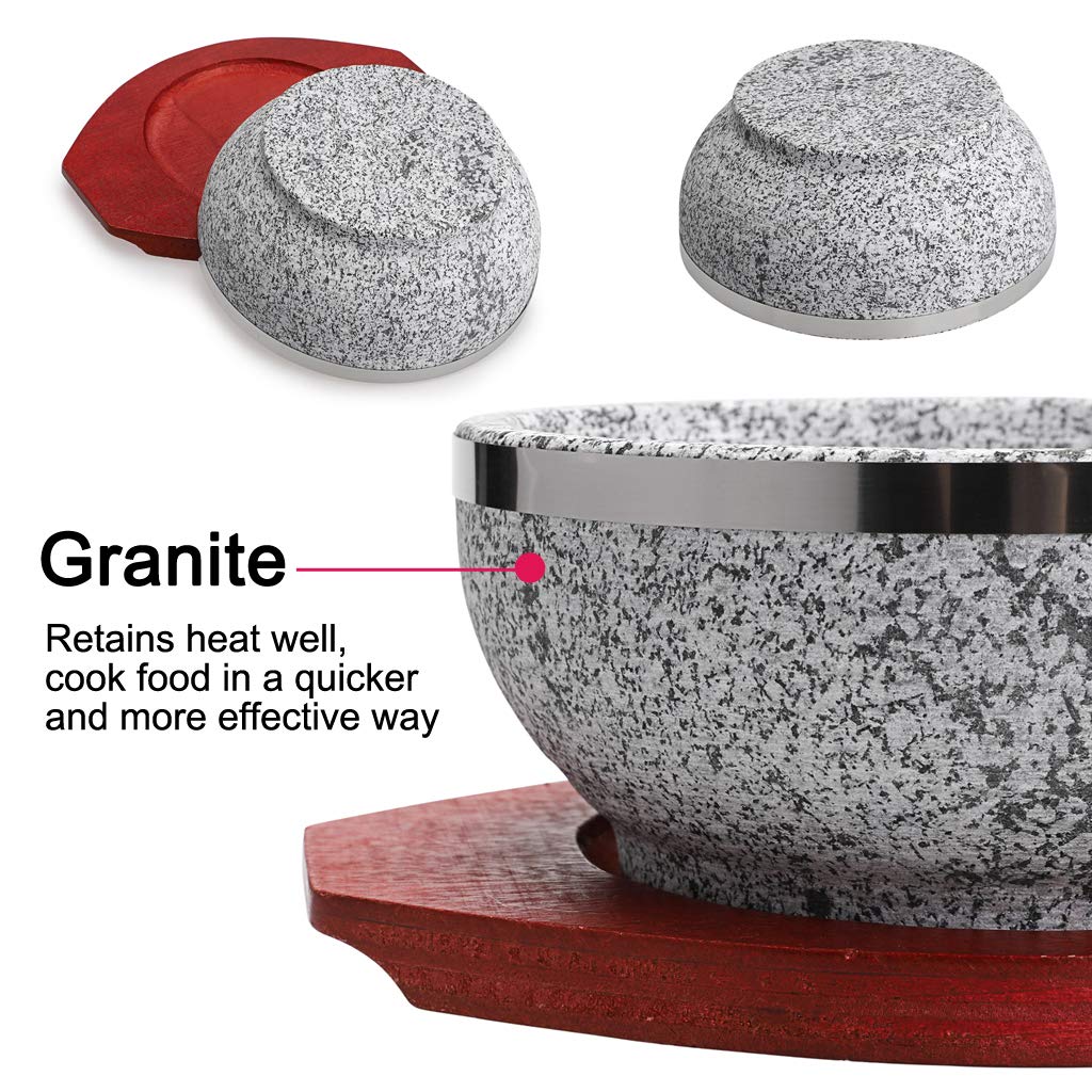Mdluu Dolsot Bibimbap Bowl 32 Oz, Granite Stone Bowl With Wood Base, Dolsot Pot For Korean Soup, Rice And Stew