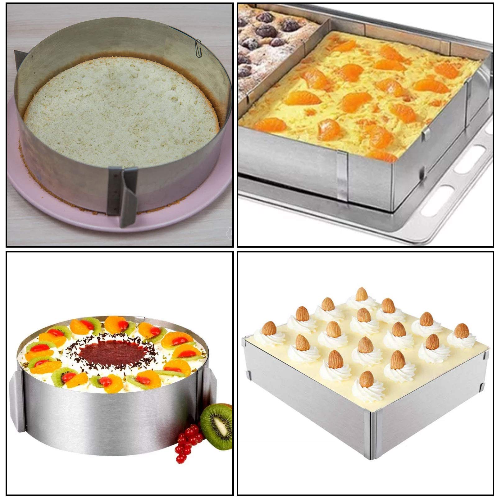 Zeonhei 2 Pcs 6-12 Inch Cake Mold Ring, Adjustable Cake Mould, Stainless Steel Cake Mousse Ring Circle And Square Mold Diy Pastr