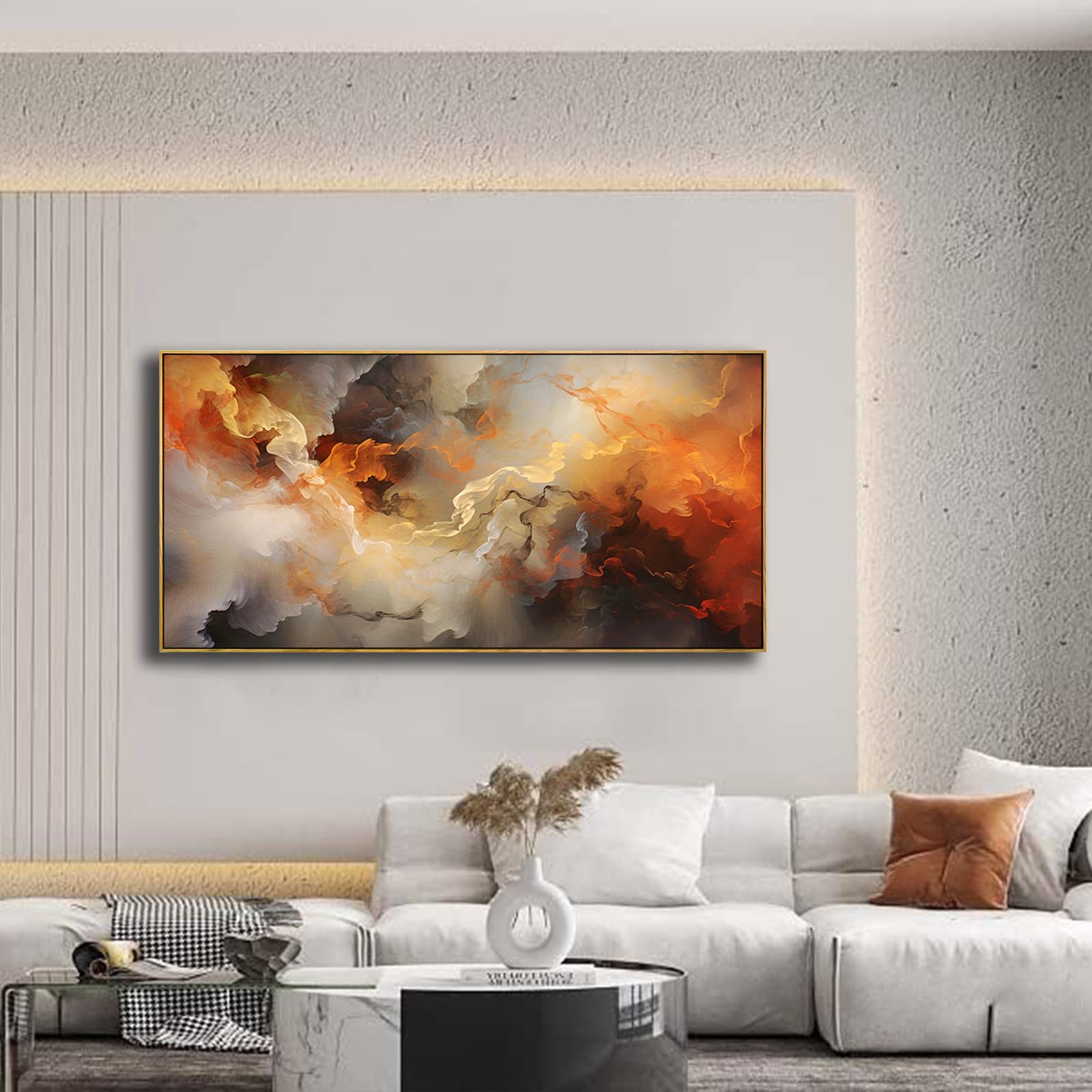 Vhming Abstract Wall Art Framed Ready To Hang Home Decor Orange White Artwork Wall Art Prints Canvas Painting Large Size For Liv