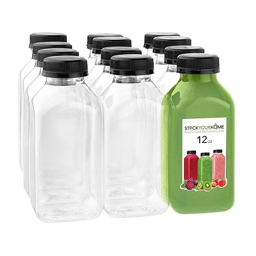 12 oz Juice Bottles with Caps for Juicing (12 pack) - Reusable Clear Empty Plastic Water Bottles - Drink Containers for Mini Fridge  Juicer Shots Includes Labels  Brush & Funnel