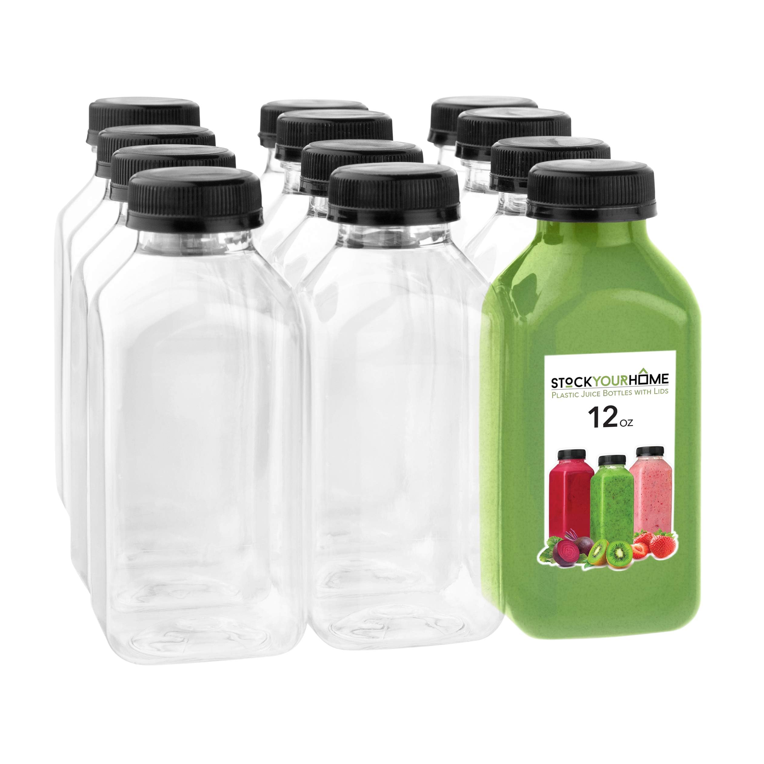 12 oz Juice Bottles with Caps for Juicing (12 pack) - Reusable Clear Empty Plastic Water Bottles - Drink Containers for Mini Fridge  Juicer Shots Includes Labels  Brush & Funnel