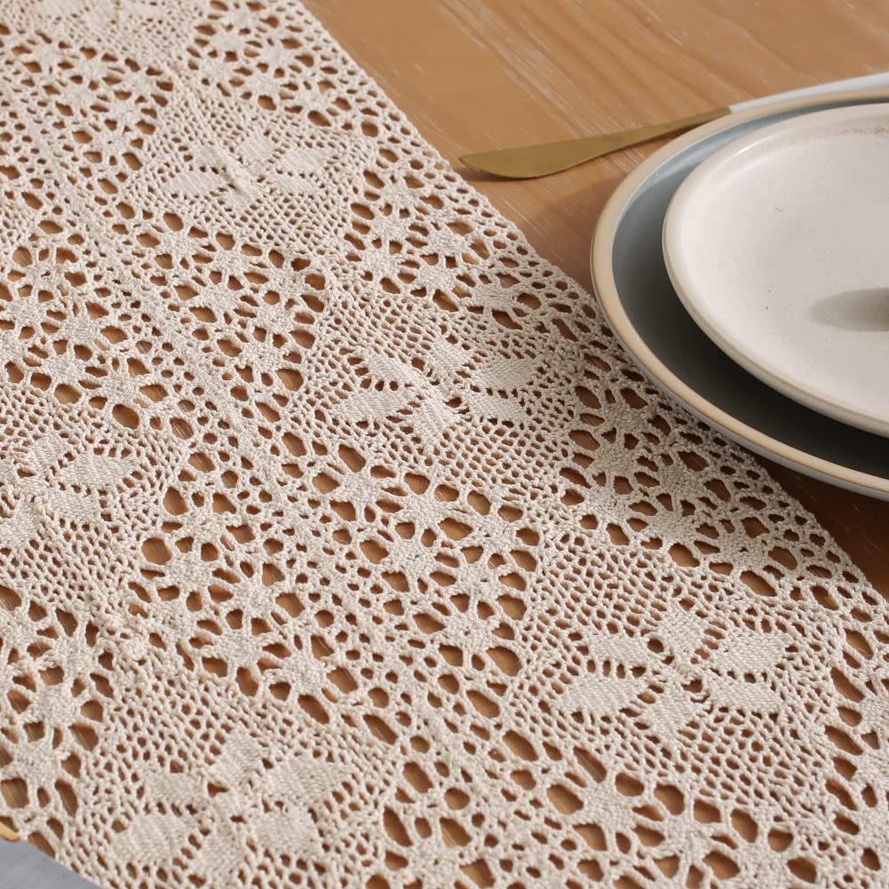 Meioro Crochet Lace Table Runner, 12X72 Inch Boho Cotton Table Runners With Tassels, Rustic Farmhouse Table Decoration 72 Inches