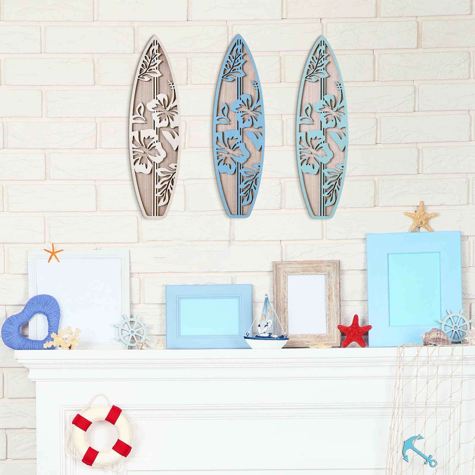 RattanView 3 Pieces Surfboard Decor for Bedroom Wooden Beach Wall Decor Summer Wood Surfboard Wall Hanging Sign for Tropical Liv