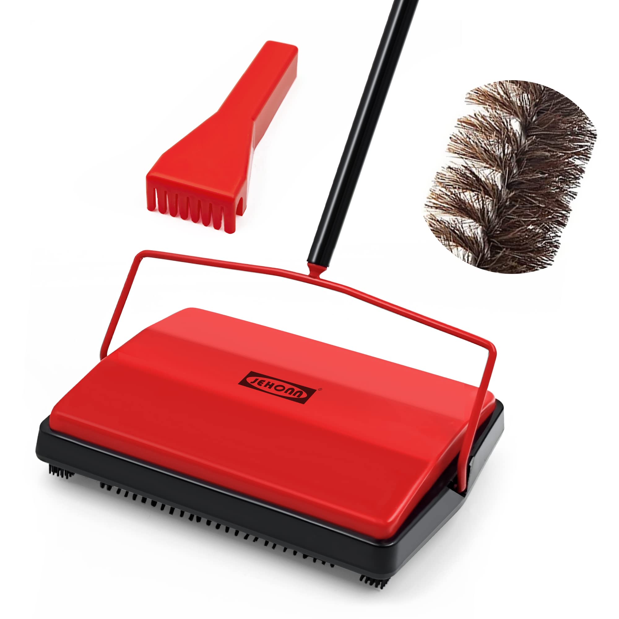 JEHONN Carpet Floor Sweeper Manual with Horsehair, Non Electric Quite Rug Roller Brush Push for Cleaning Pet Hair, Loose Debris,