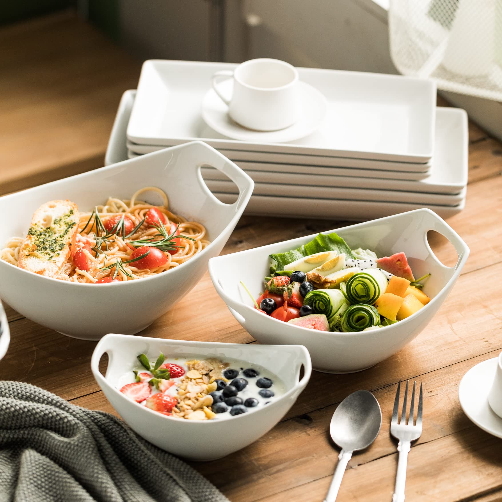 Gomakren Serving Bowls With Handles, Serving Dishes, Porcelain Salad Bowls Mixing Bowl For Entertaining, Nesting Bowl Set Of 3,