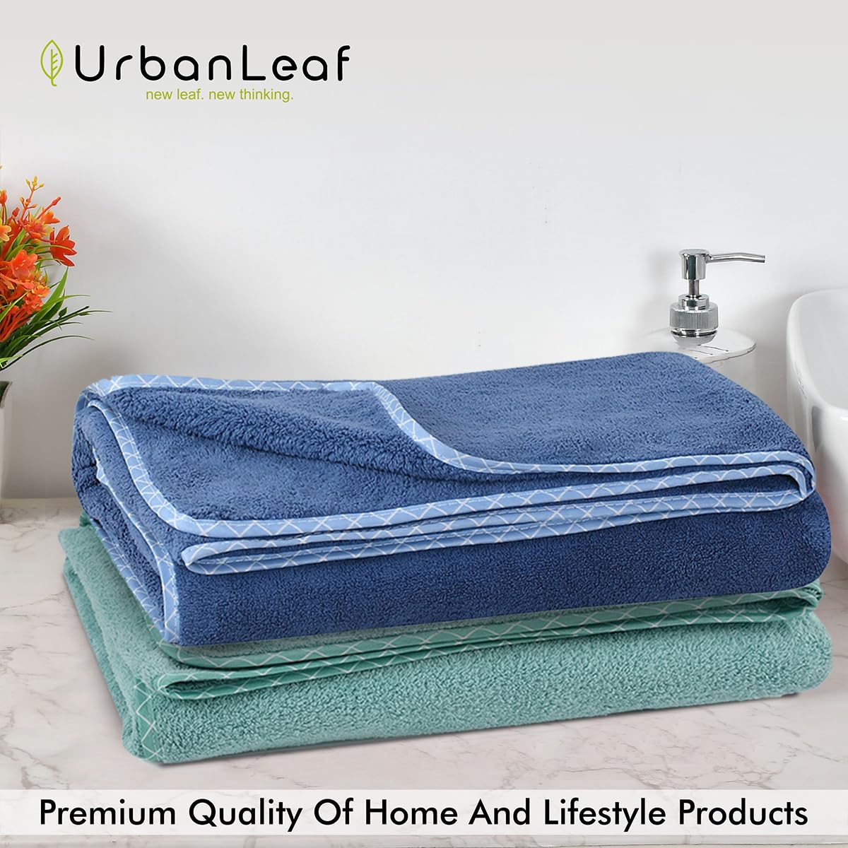 UrbanLeaf Microfiber Large Bath Towel | Quick Dry Super Absorbent - Bath Towel for Men and Women | Navy Blue & Green | Towel for