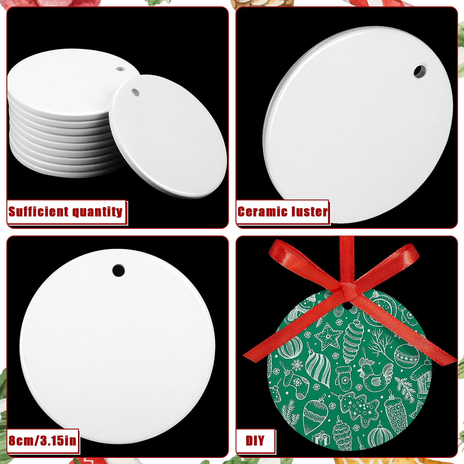 Patelai 15 Pieces Christmas Sublimation Ceramic Ornaments 3.15 Inch Round White Ceramic Christmas Ornaments DIY Blanks with Red