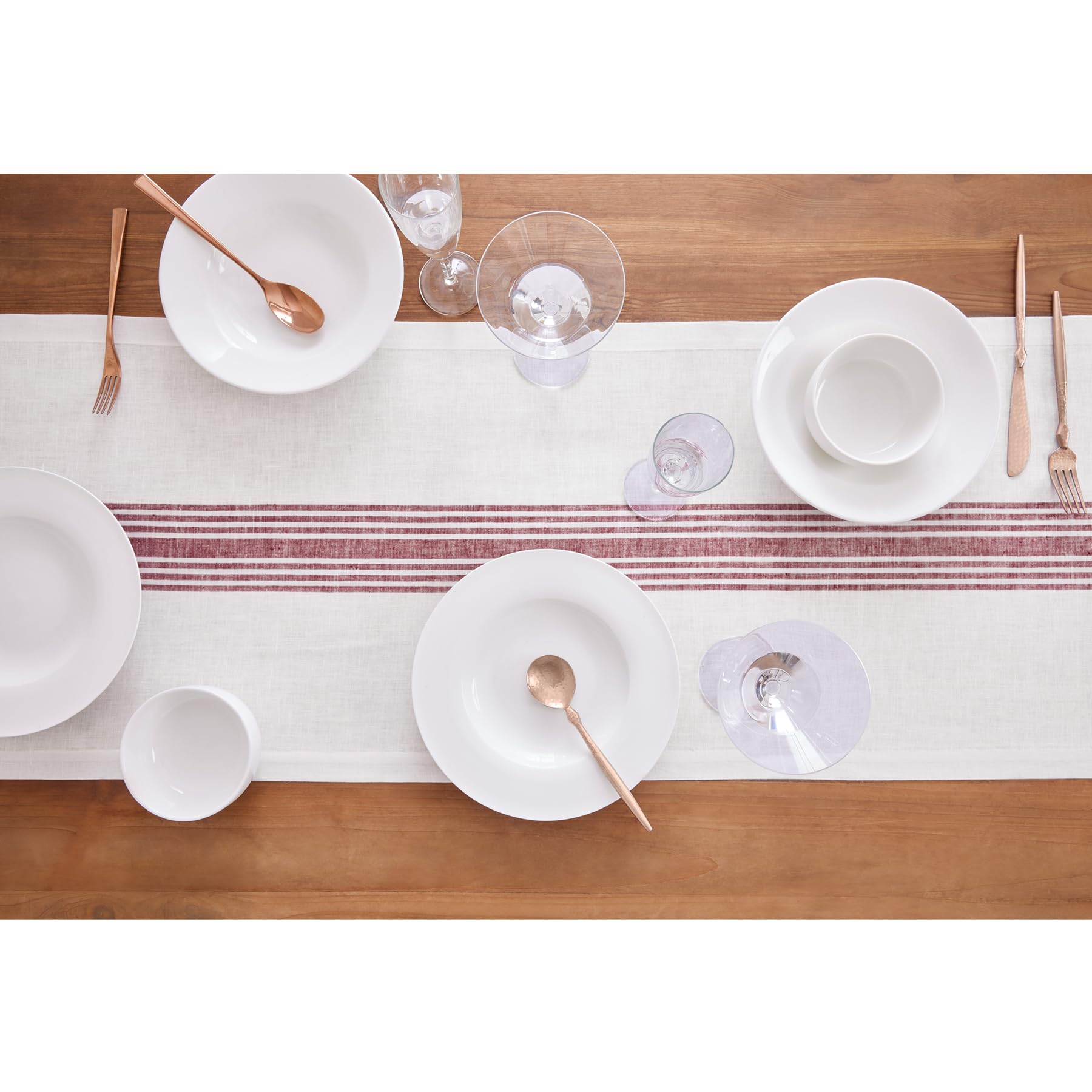 Solino Home Stripe Linen Table Runner 120 Inches Long - 100% Pure Linen Burgundy And White Dining Farmhouse Table Runner 18 X 12