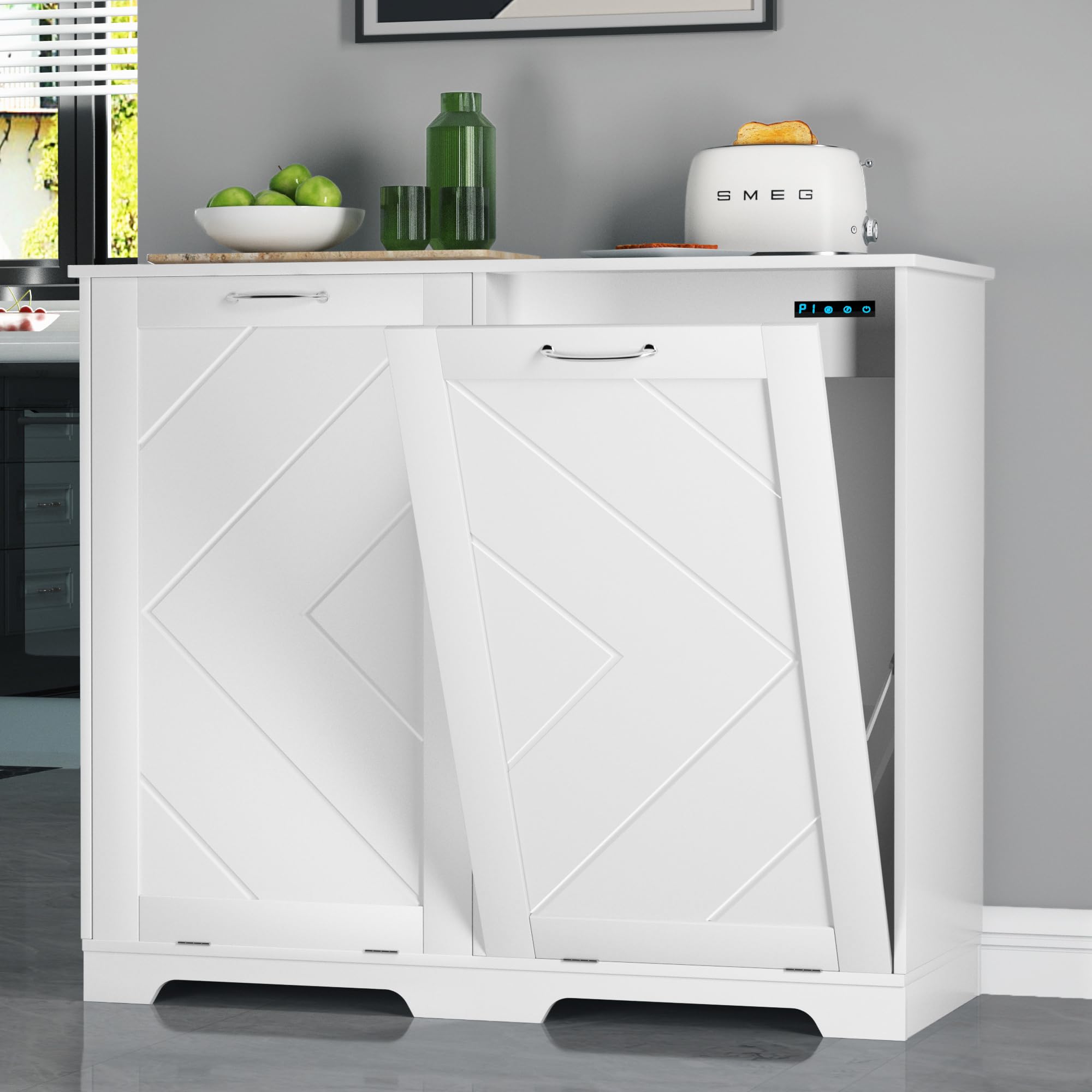 Vecelo Double Tilt Out Kitchen Trash Bin Cabinet Dog Proof Garbage Can With Wood Holder Free Standing Recycling, White