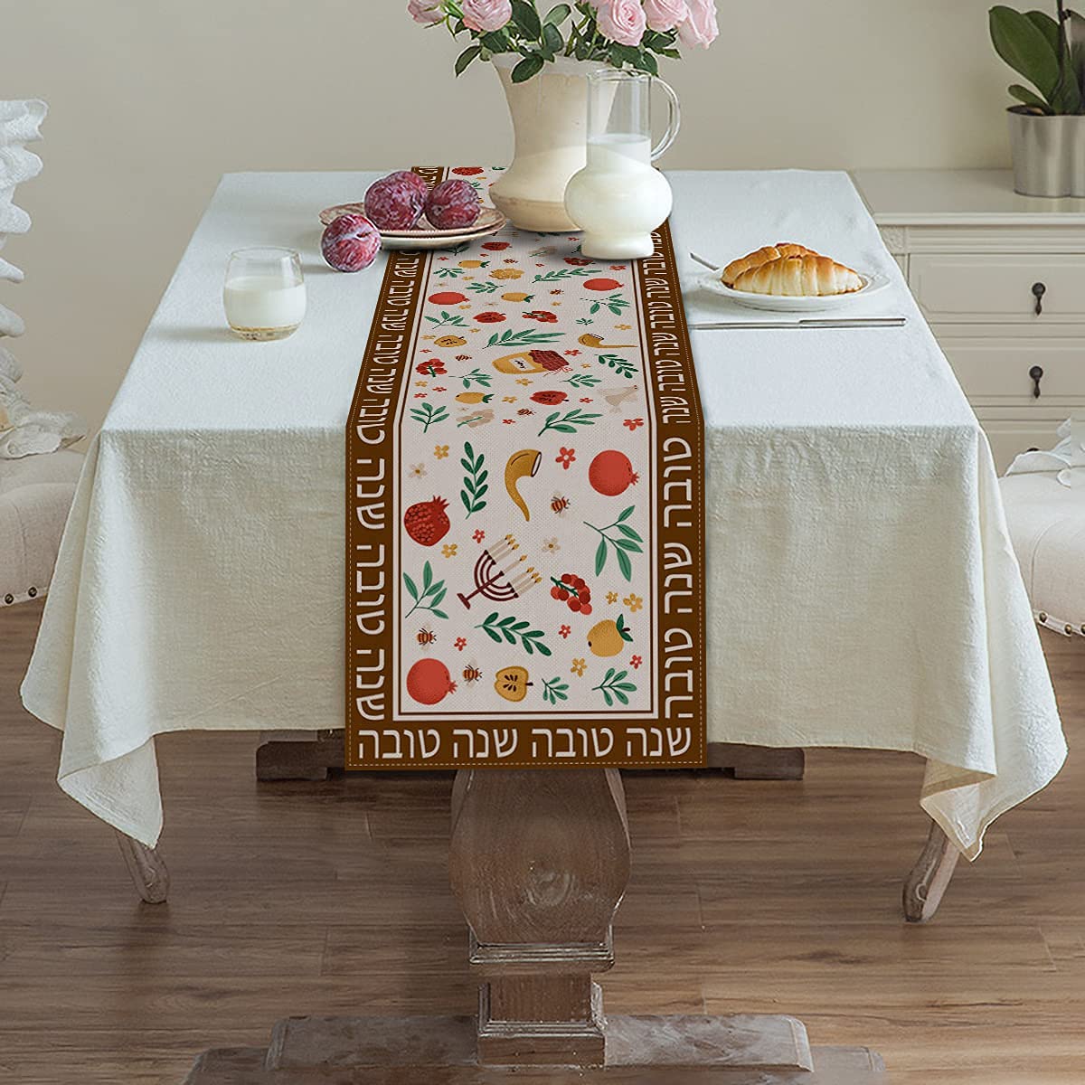 Vohado Rosh Hashanah High Holy Day Table Runner Shana Tova Linen Kitchen Dining Home Farmhouse Holiday Party Decorations
