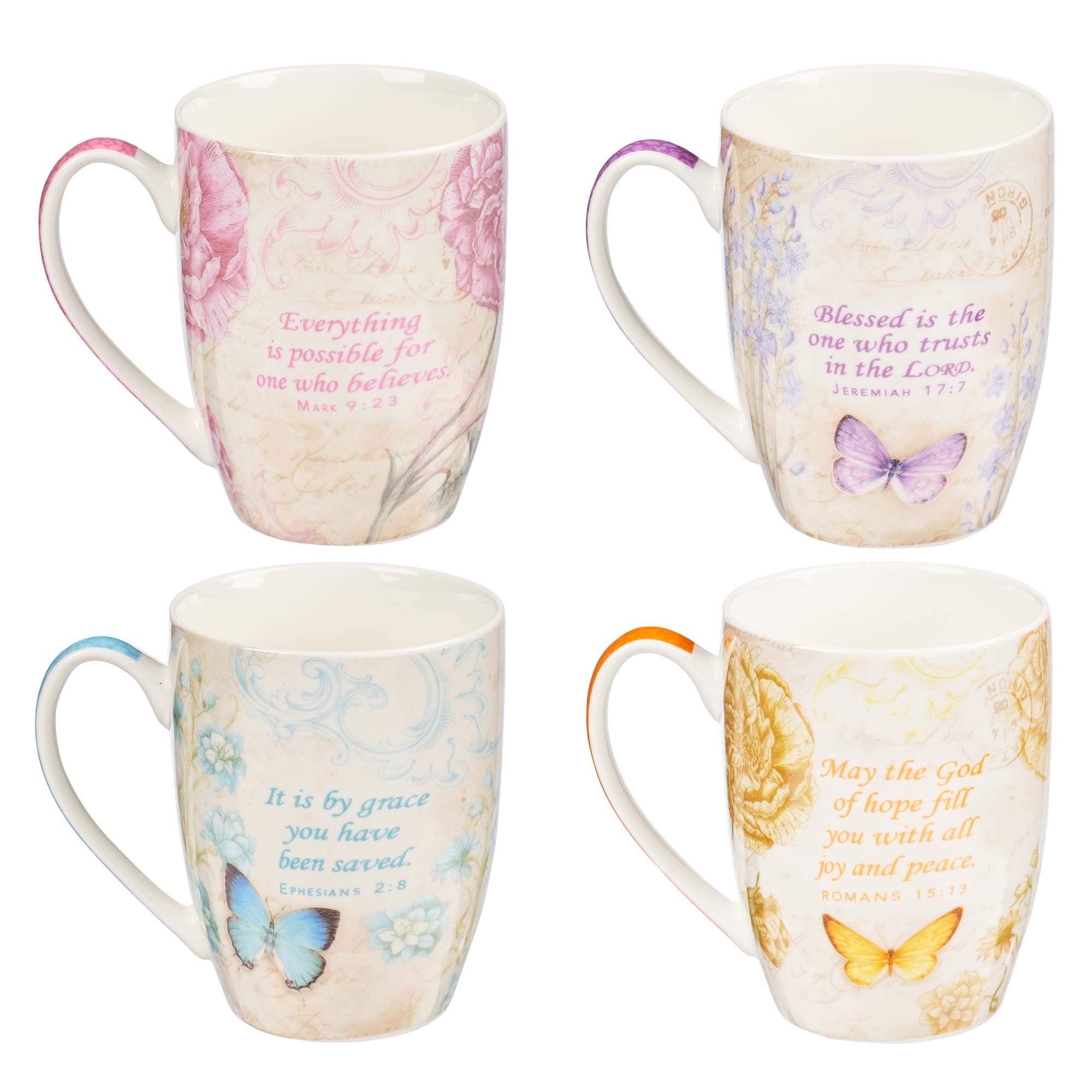 Christian Art Gifts Botanic Butterfly Blessings Coffee/Tea Mug Set W/Scripture Teal Grace Butterfly, Purple Blessed Butterfly, P