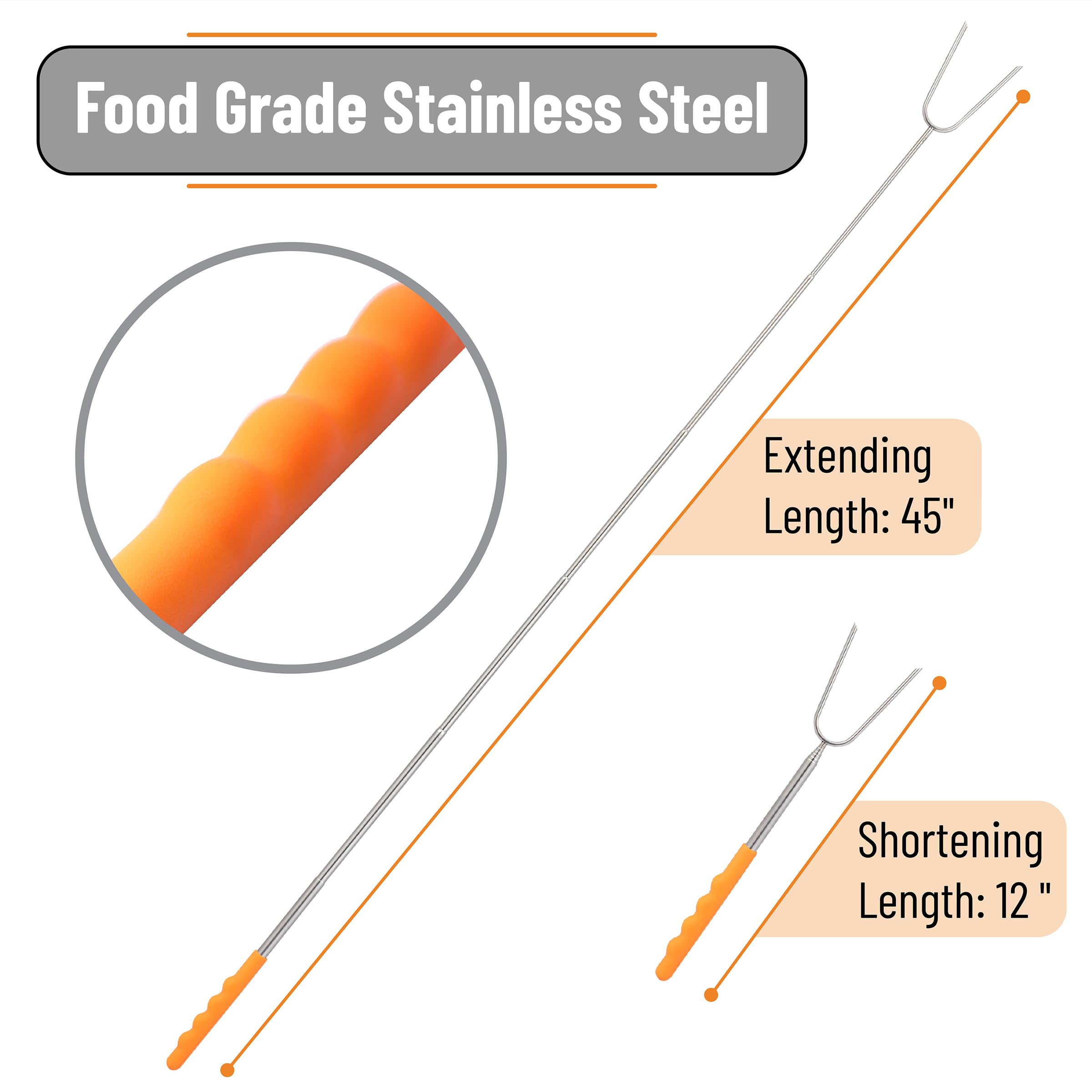 UNCO Marshmallow Roasting Sticks - 10 Pack, 45" Stainless Steel, Orange & Silver, Ideal for Campfires & Fire Pits