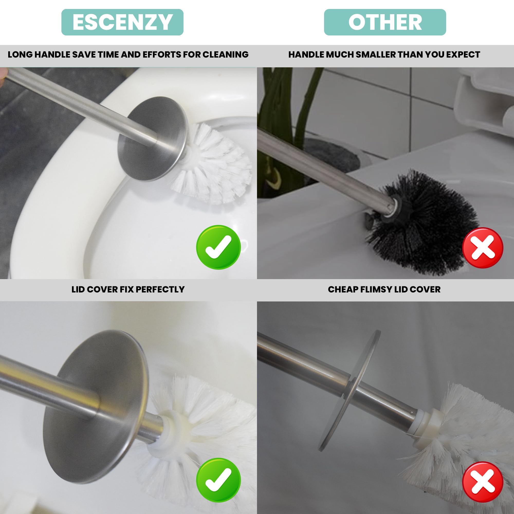 Escenzy Turquoise Green Toilet Brush And Holder Set Mosaic Glass | Non-Rustic Stainless Steel | Practical & Decorative Toilet Bo