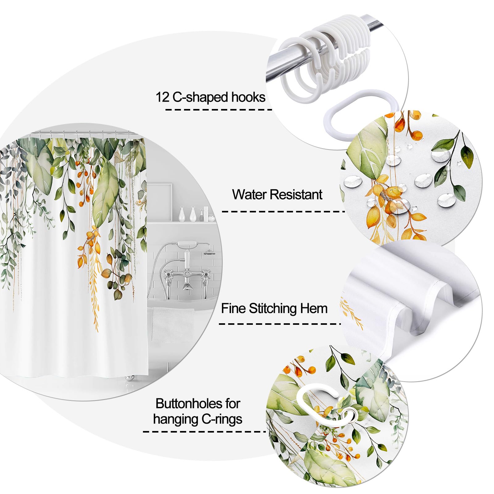 Hellmei Green Eucalyptus Shower Curtains For Bathroom Watercolor Natural Plant Flower Leaves Shower Curtain Waterproof Fabric Ba