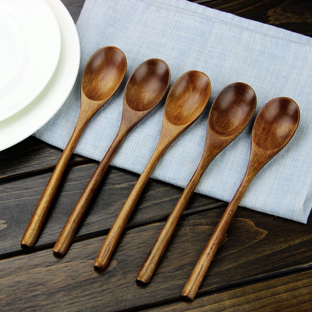 Aoosy Spoons, Wooden Spoons For Eating, 6 Pieces Japanese Natural Plant Ellipse Wooden Ladle Spoon Set For Cooking Mixing Stirri