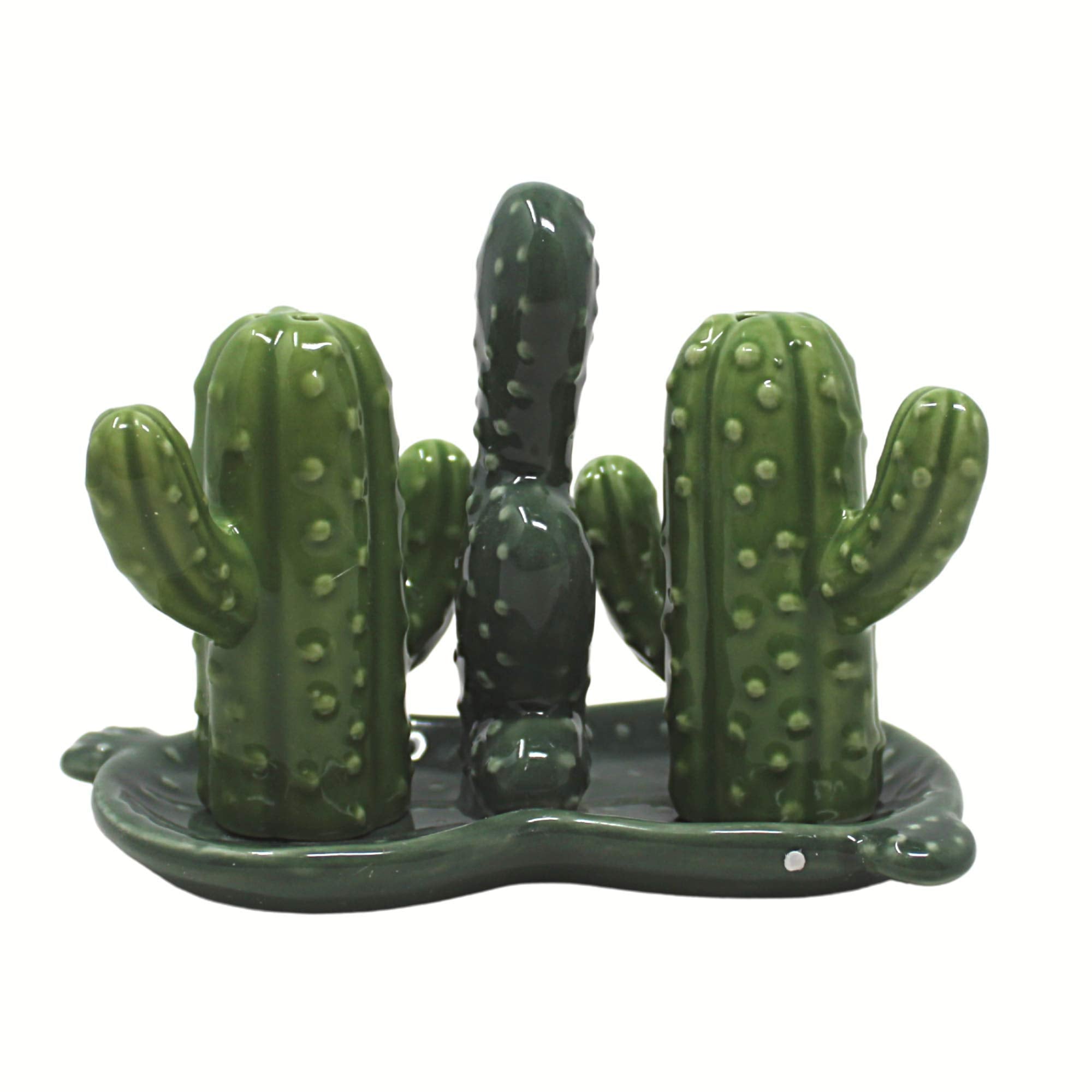 Needzo Ceramic Cactus Salt and Pepper Shaker Set with Tray Holder, Refillable Seasoning Accessory, 3 Inches
