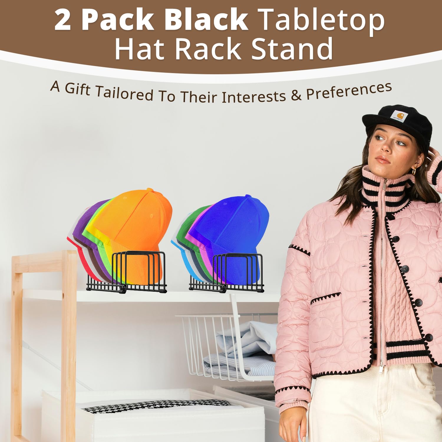 2 Pack Hat Stand for Baseball Caps, Ginyoyo No Install Hat Organizer for 20 Baseball Caps, Tabletop Hat Rack Stand with Anti-sli