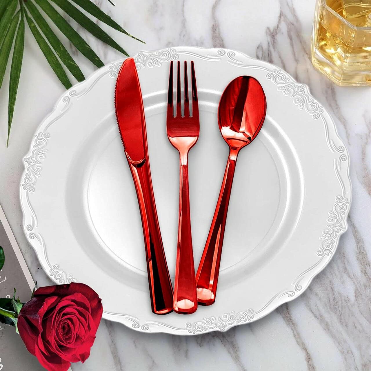 Kaya Shiny Metallic Red Plastic Disposable Forks (24 Count) - Sturdy & Elegant Cutlery, Perfect For Parties, Catering & Special